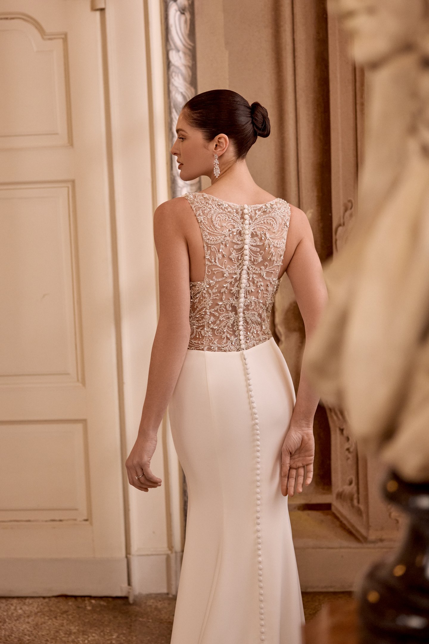 Justin Alexander Style 88490 LEONIE Crepe Fit and Flare Gown with Cowl Neckline and Illusion Back