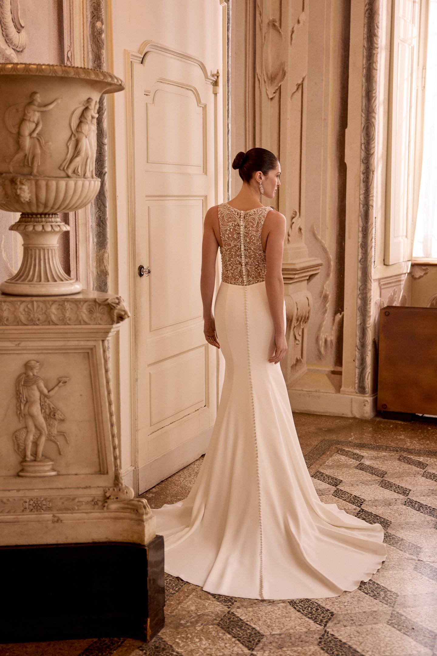 Justin Alexander Style 88490 LEONIE Crepe Fit and Flare Gown with Cowl Neckline and Illusion Back