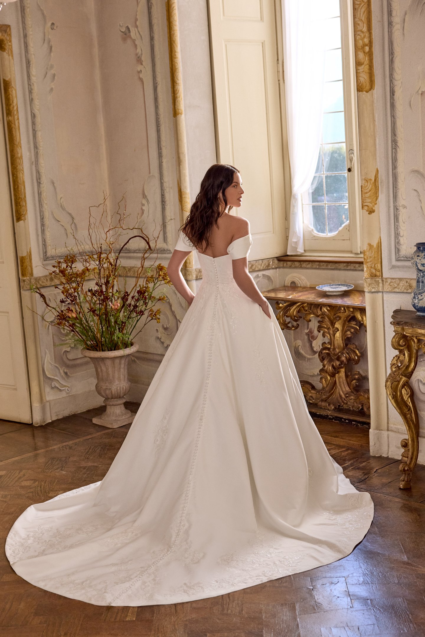 Justin Alexander Style 88491 LARISSA Matte Satin A-Line Gown with Detachable Off-the-Shoulder Straps