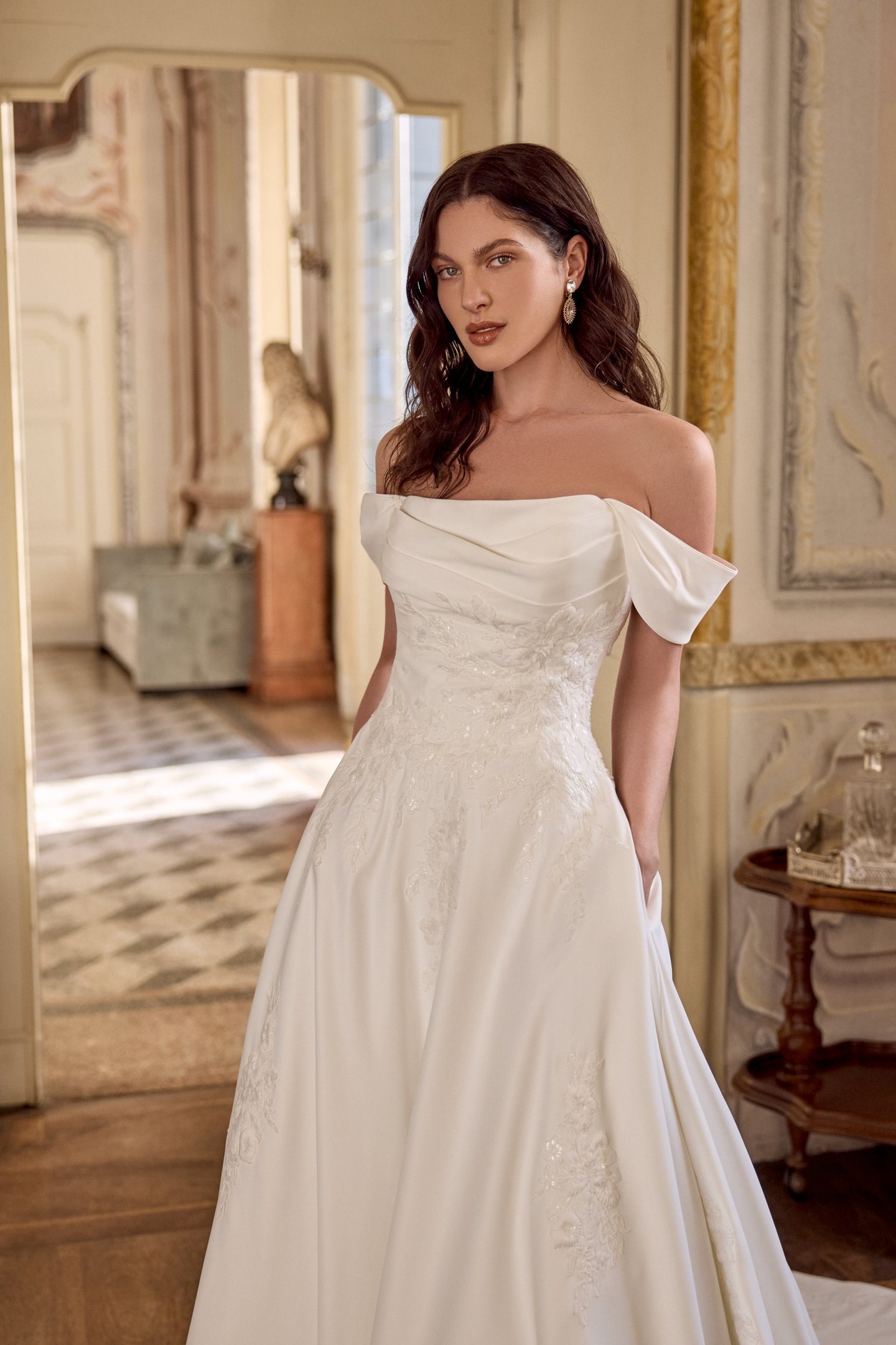 Justin Alexander Style 88491 LARISSA Matte Satin A-Line Gown with Detachable Off-the-Shoulder Straps