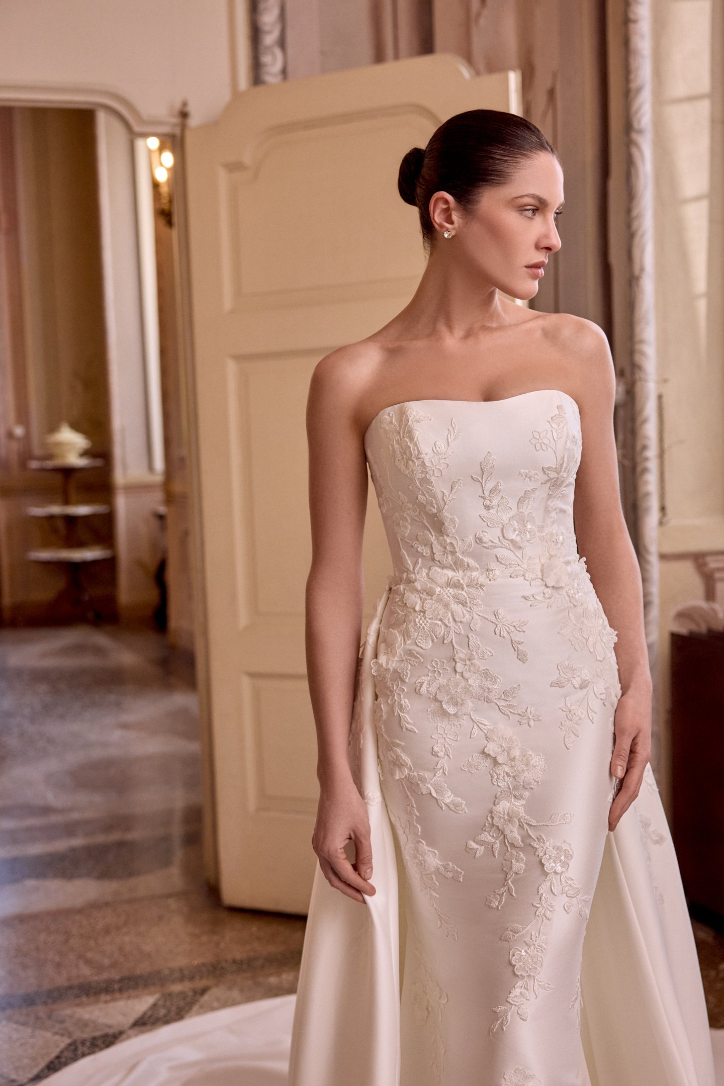 Justin Alexander Style 88492 LEIGH Mikado Fit and Flare Gown with Matte Lace Appliqués and 3D Flowers
