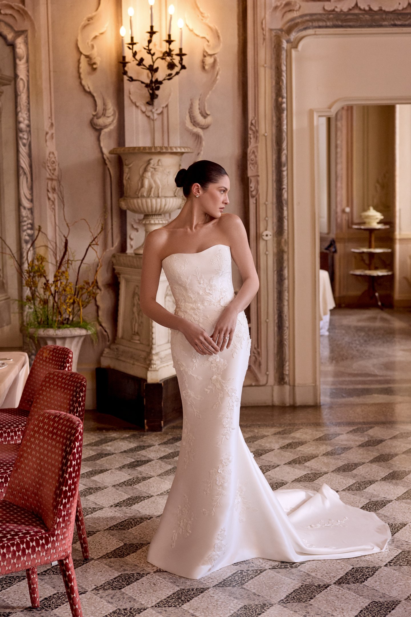 Justin Alexander Style 88492 LEIGH Mikado Fit and Flare Gown with Matte Lace Appliqués and 3D Flowers