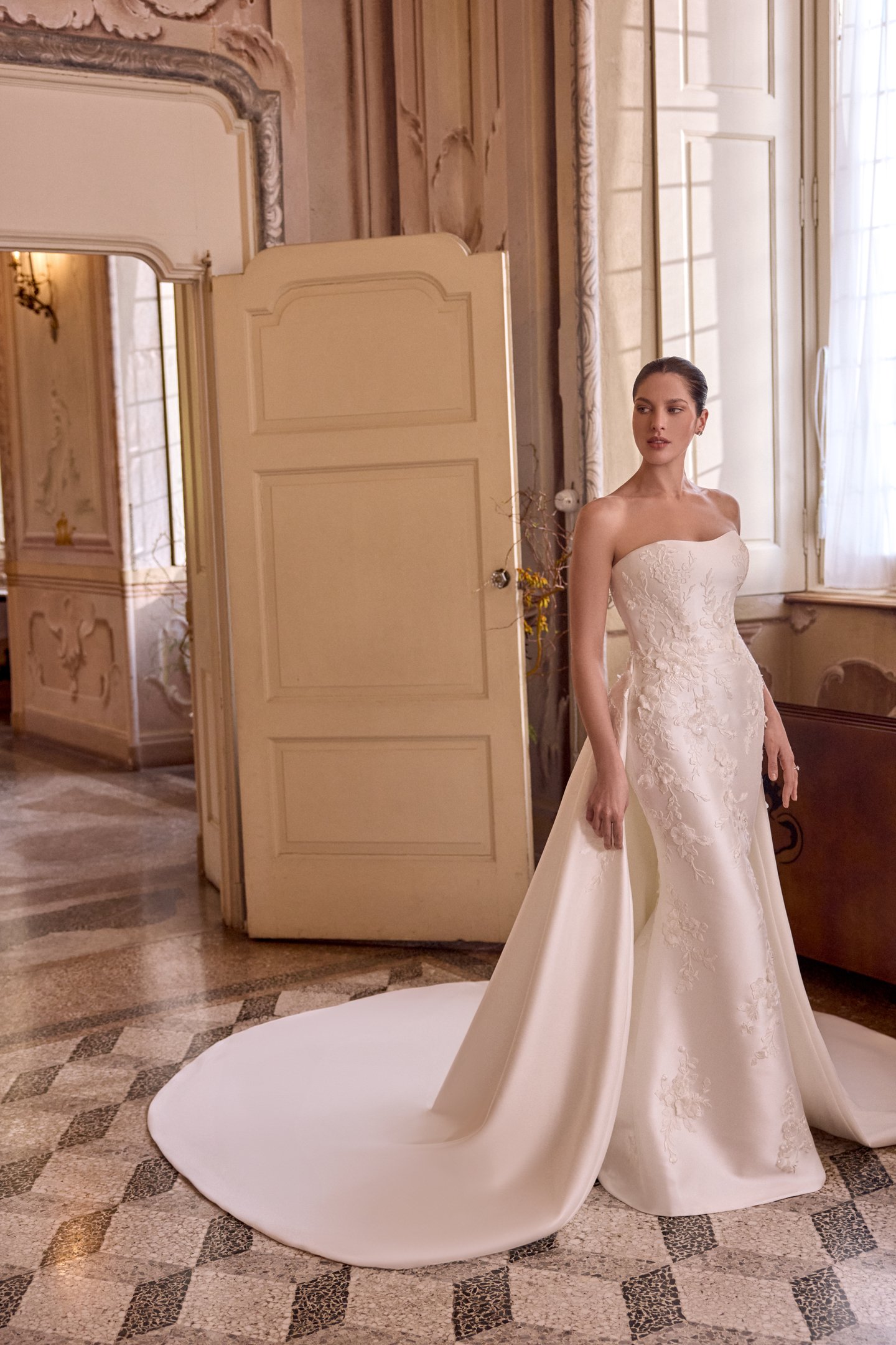 Justin Alexander Style 88492 LEIGH Mikado Fit and Flare Gown with Matte Lace Appliqués and 3D Flowers