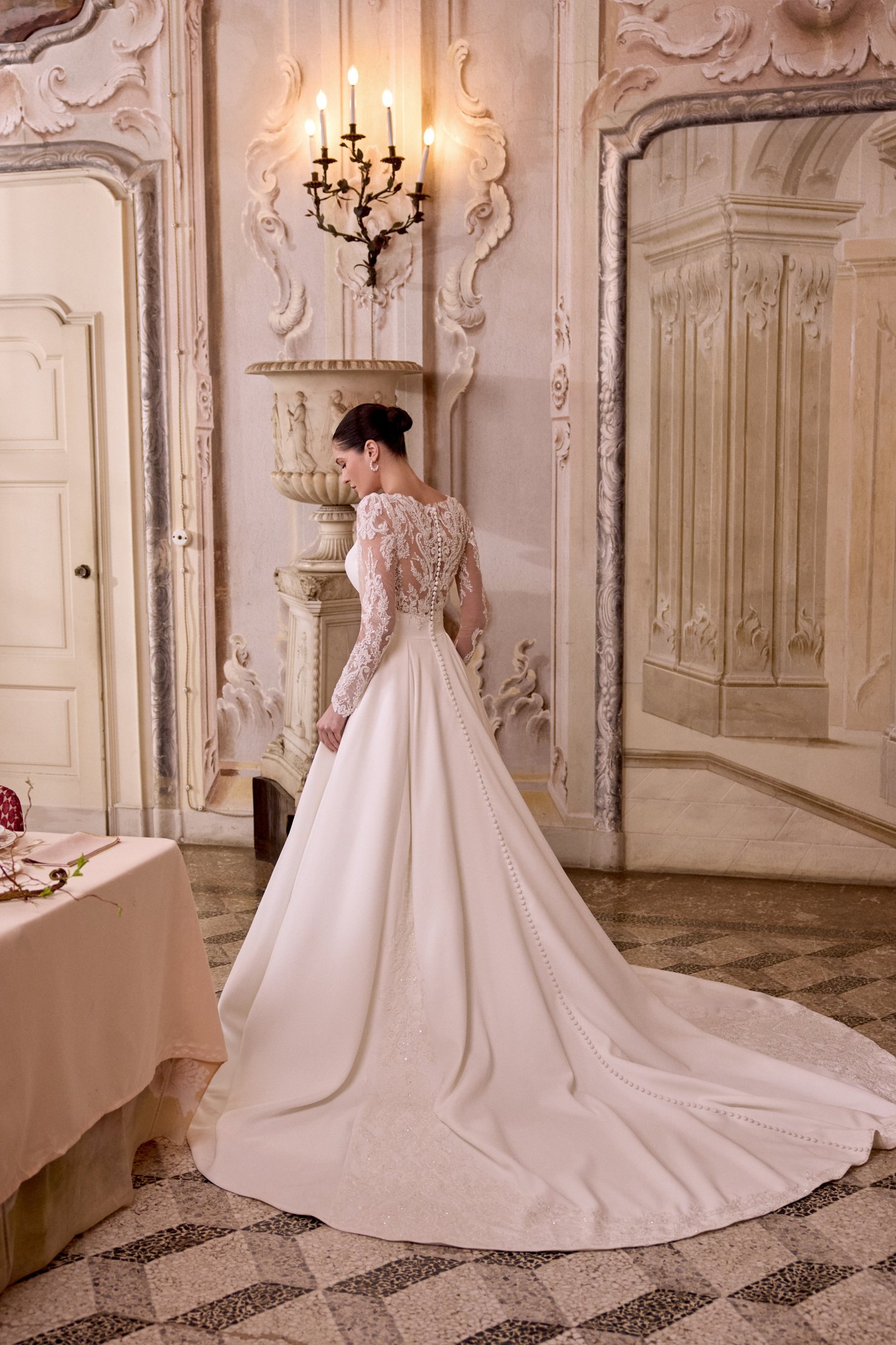 Justin Alexander Style 88493 LISBETH Matte Satin A-Line Gown with Plunging Neckline and Tulle Long Sleeves