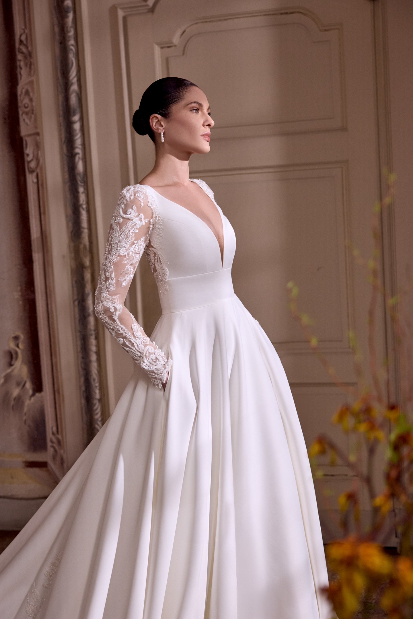 Justin Alexander Style 88493 LISBETH Matte Satin A-Line Gown with Plunging Neckline and Tulle Long Sleeves