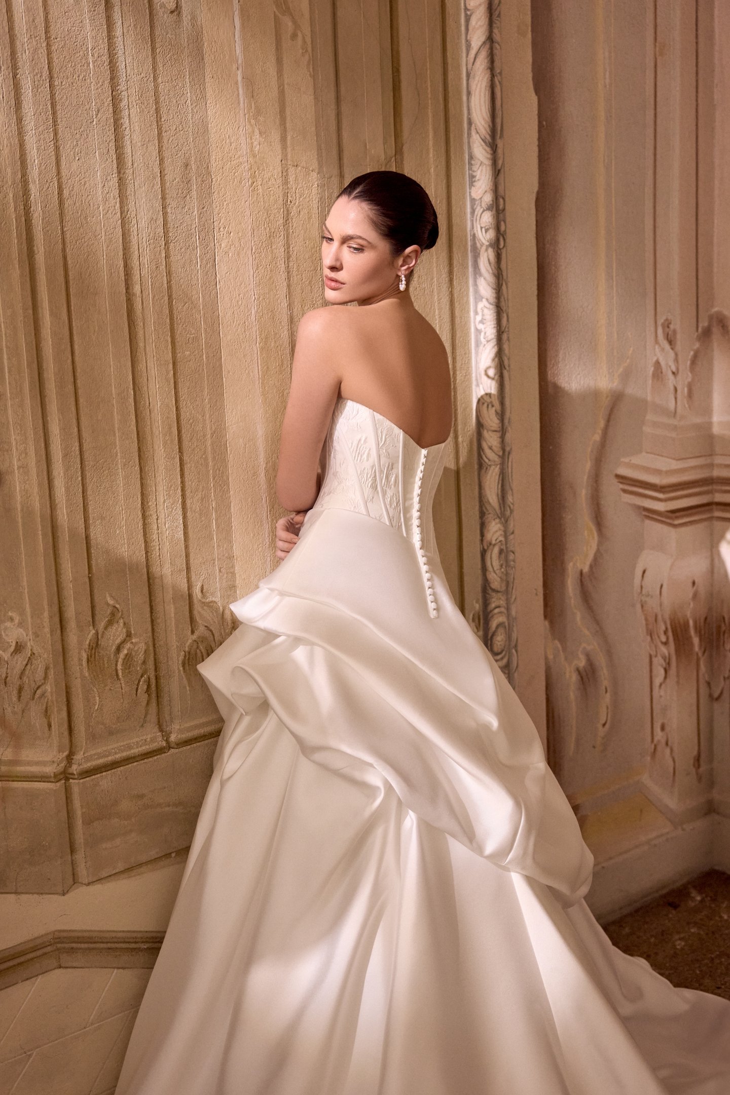 Justin Alexander Style 88494 LEIZEL Mikado Ball Gown with Brocade Bodice and Asymmetric Pick-Up Detail