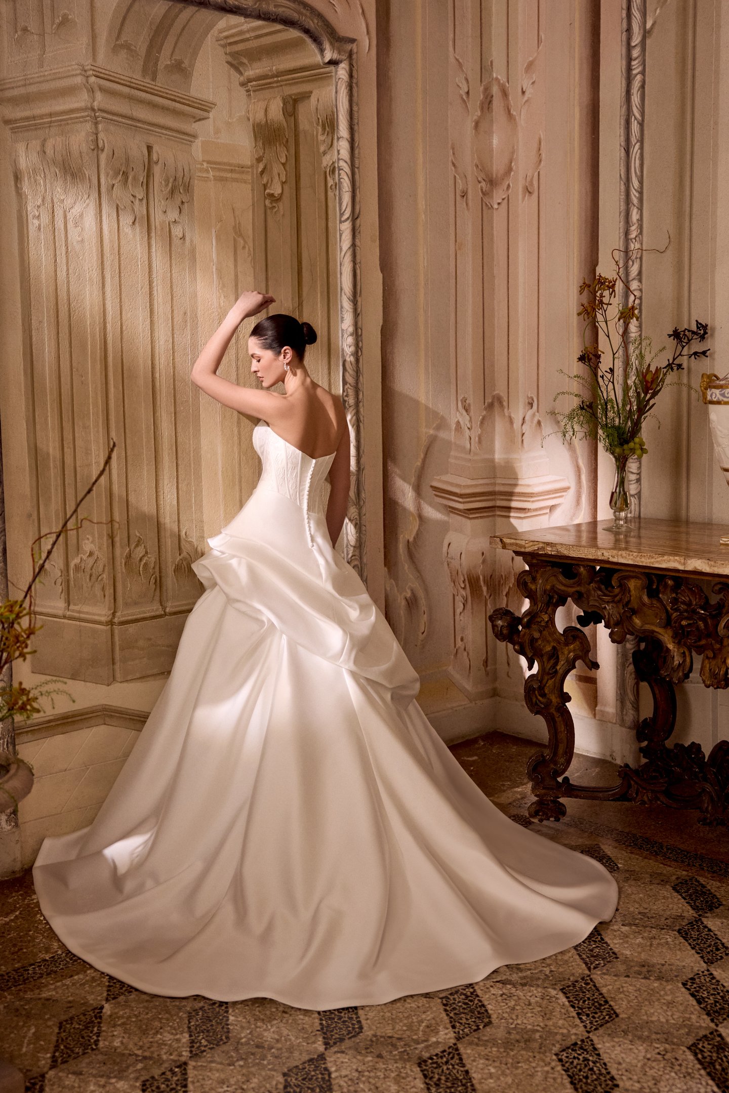 Justin Alexander Style 88494 LEIZEL Mikado Ball Gown with Brocade Bodice and Asymmetric Pick-Up Detail