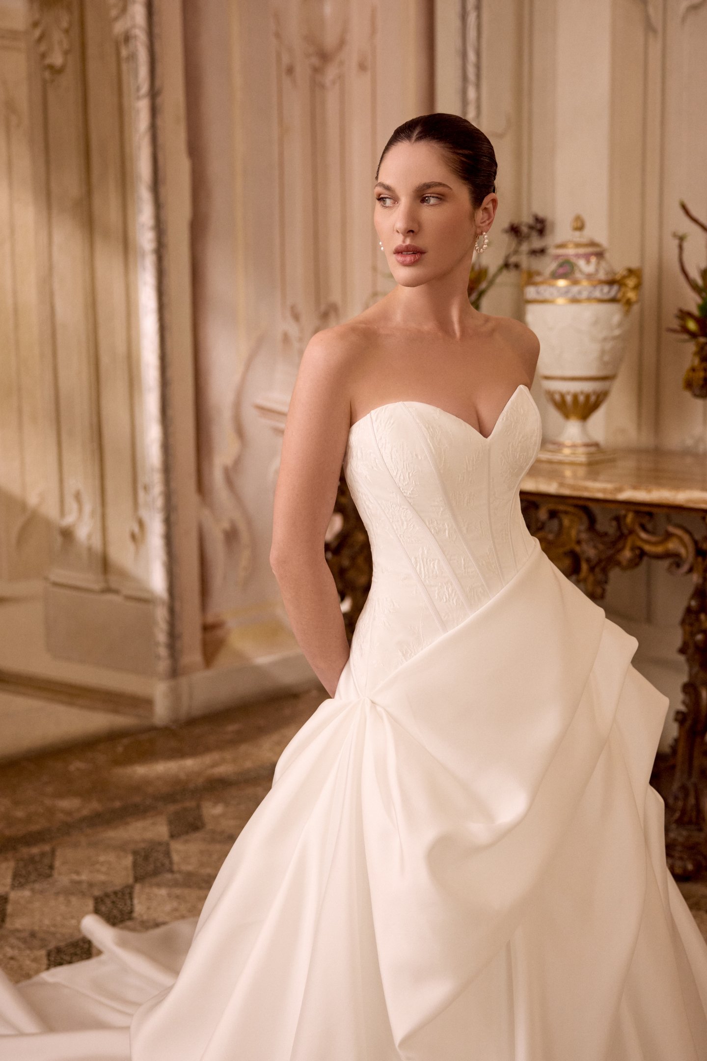 Justin Alexander Style 88494 LEIZEL Mikado Ball Gown with Brocade Bodice and Asymmetric Pick-Up Detail