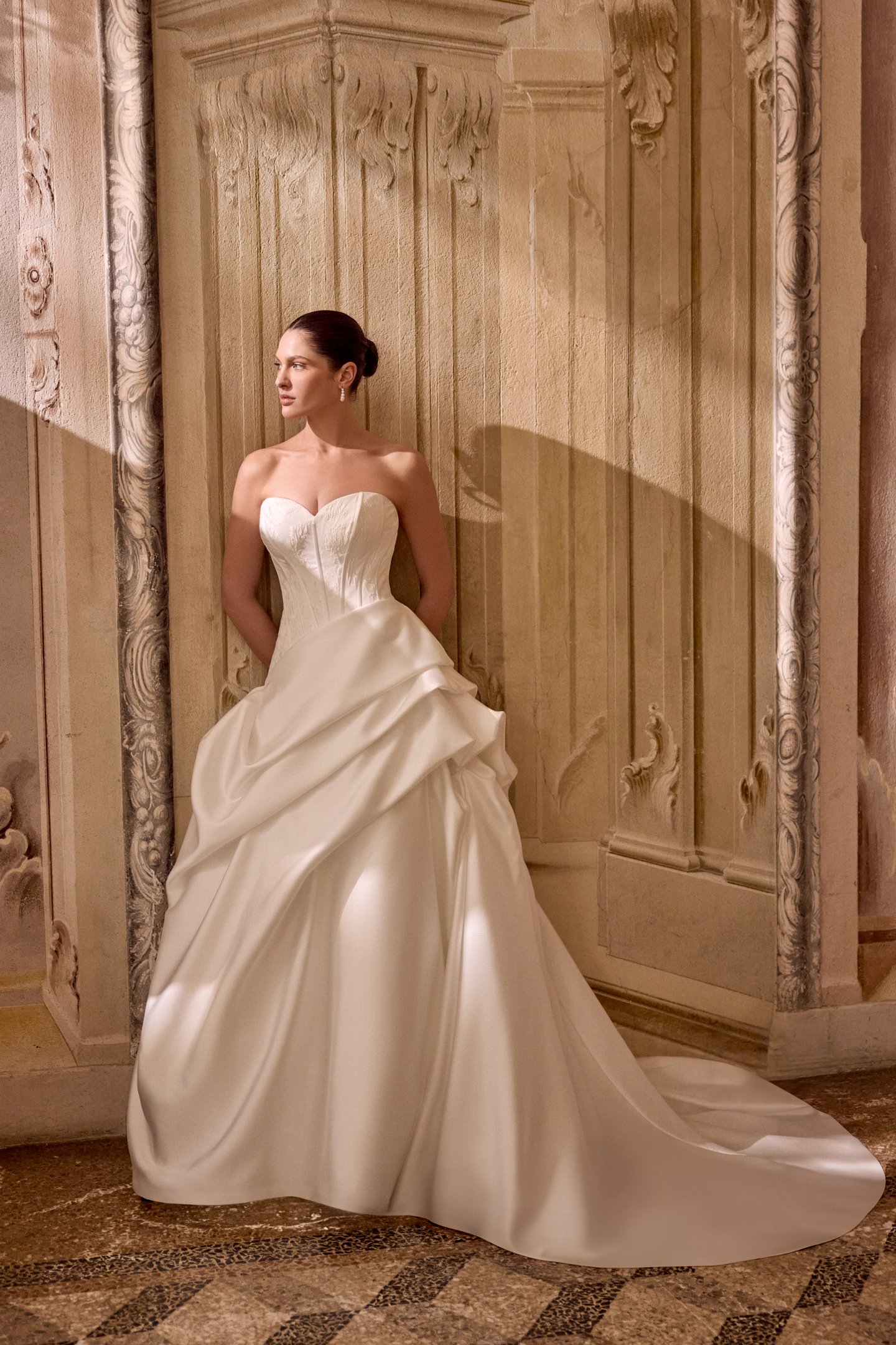 Justin Alexander Style 88494 LEIZEL Mikado Ball Gown with Brocade Bodice and Asymmetric Pick-Up Detail