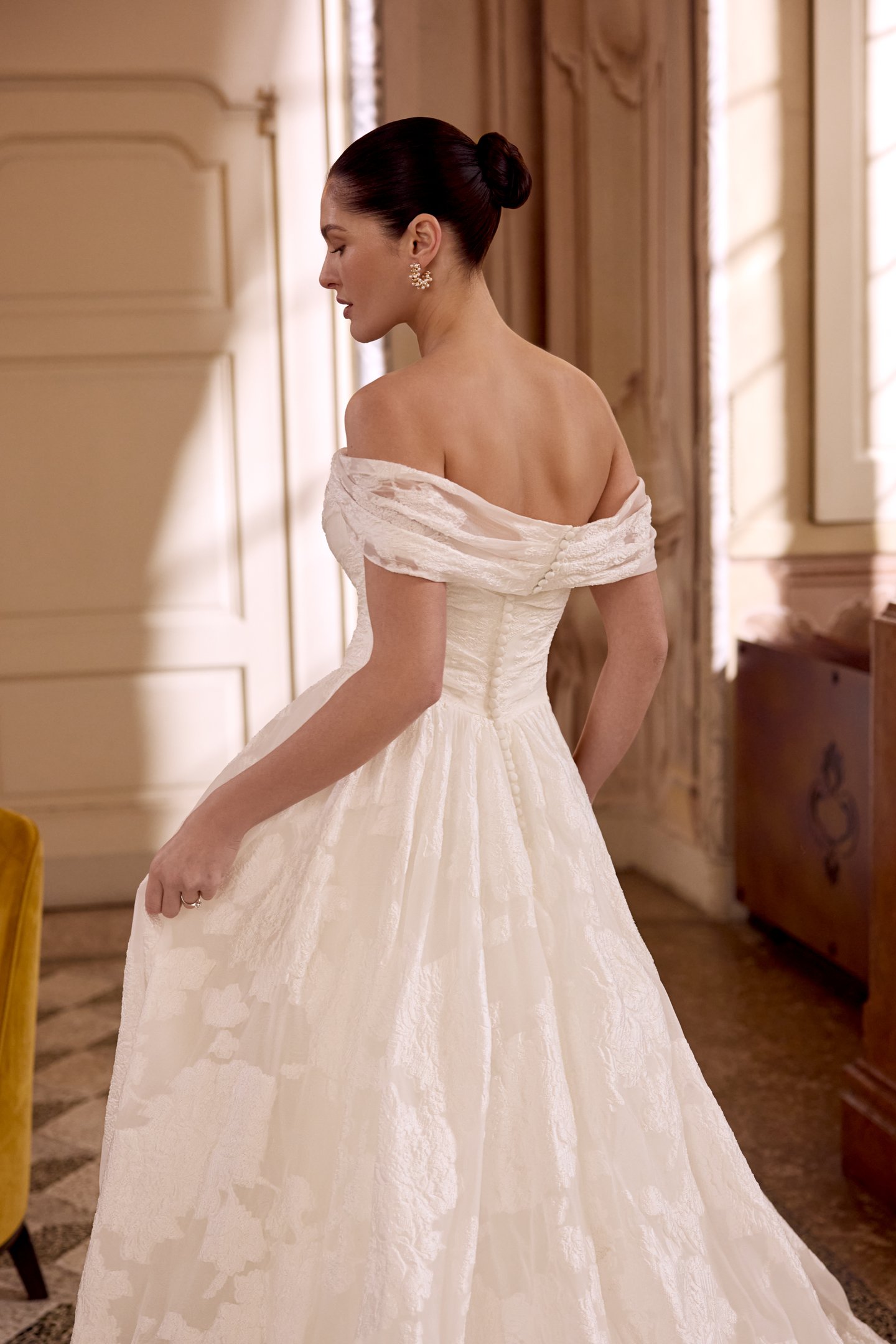 Justin Alexander Style 88495 LILY Organza Jacquard Ball Gown with Ruched Bodice and Basque Waist