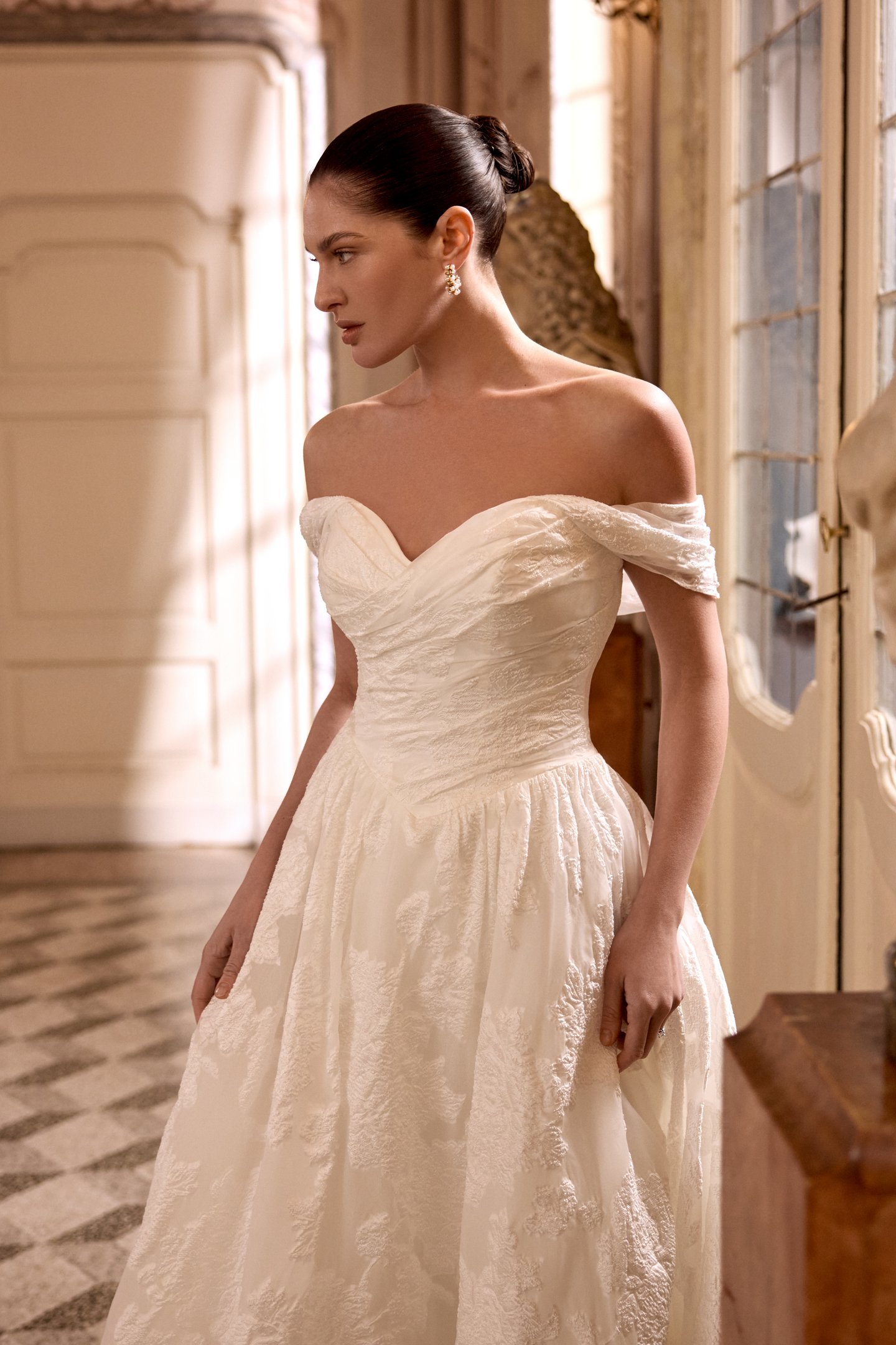 Justin Alexander Style 88495 LILY Organza Jacquard Ball Gown with Ruched Bodice and Basque Waist