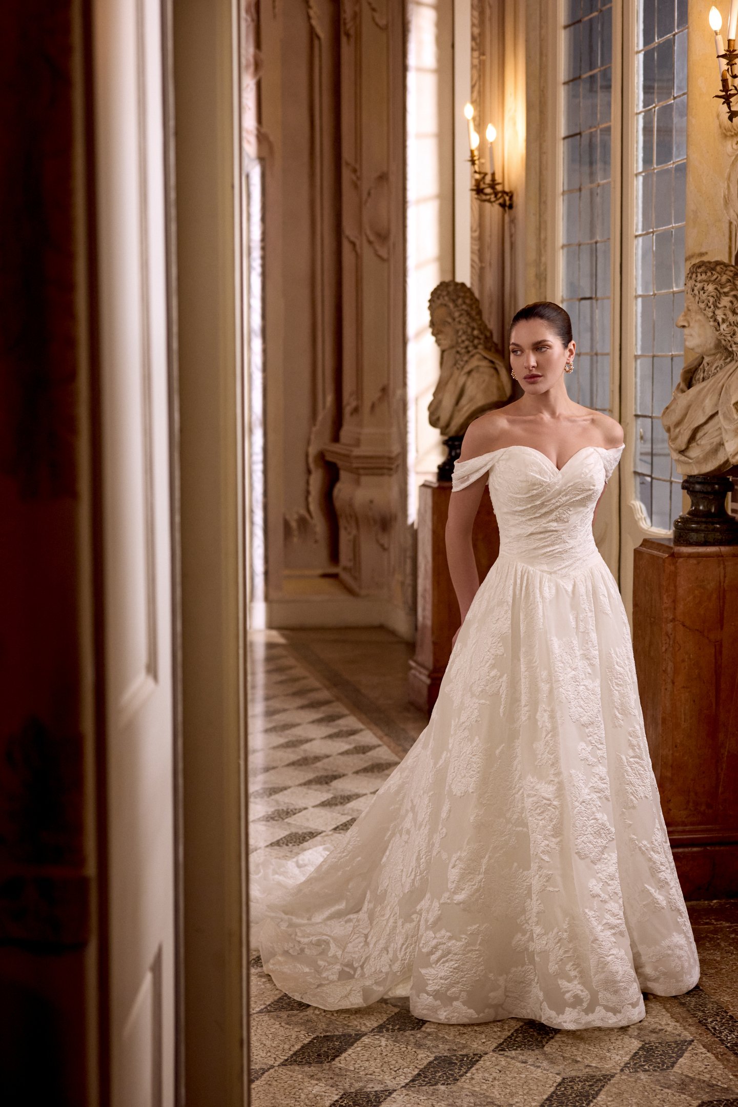 Justin Alexander Style 88495 LILY Organza Jacquard Ball Gown with Ruched Bodice and Basque Waist