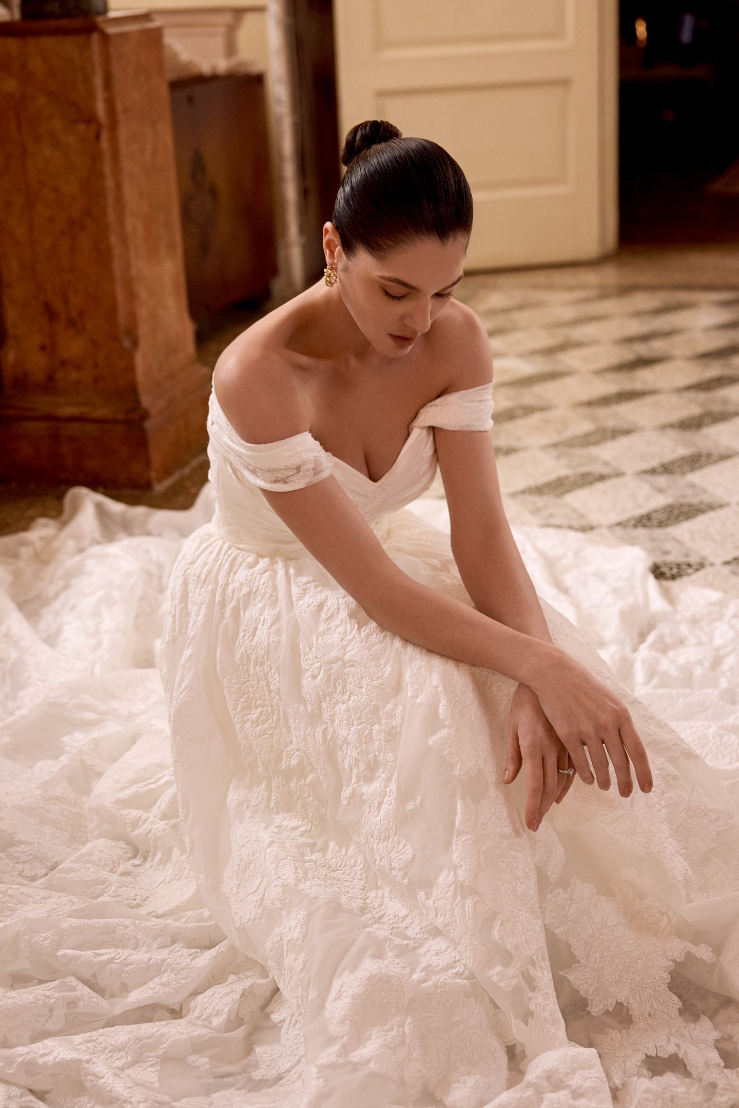 Justin Alexander Style 88495 LILY Organza Jacquard Ball Gown with Ruched Bodice and Basque Waist
