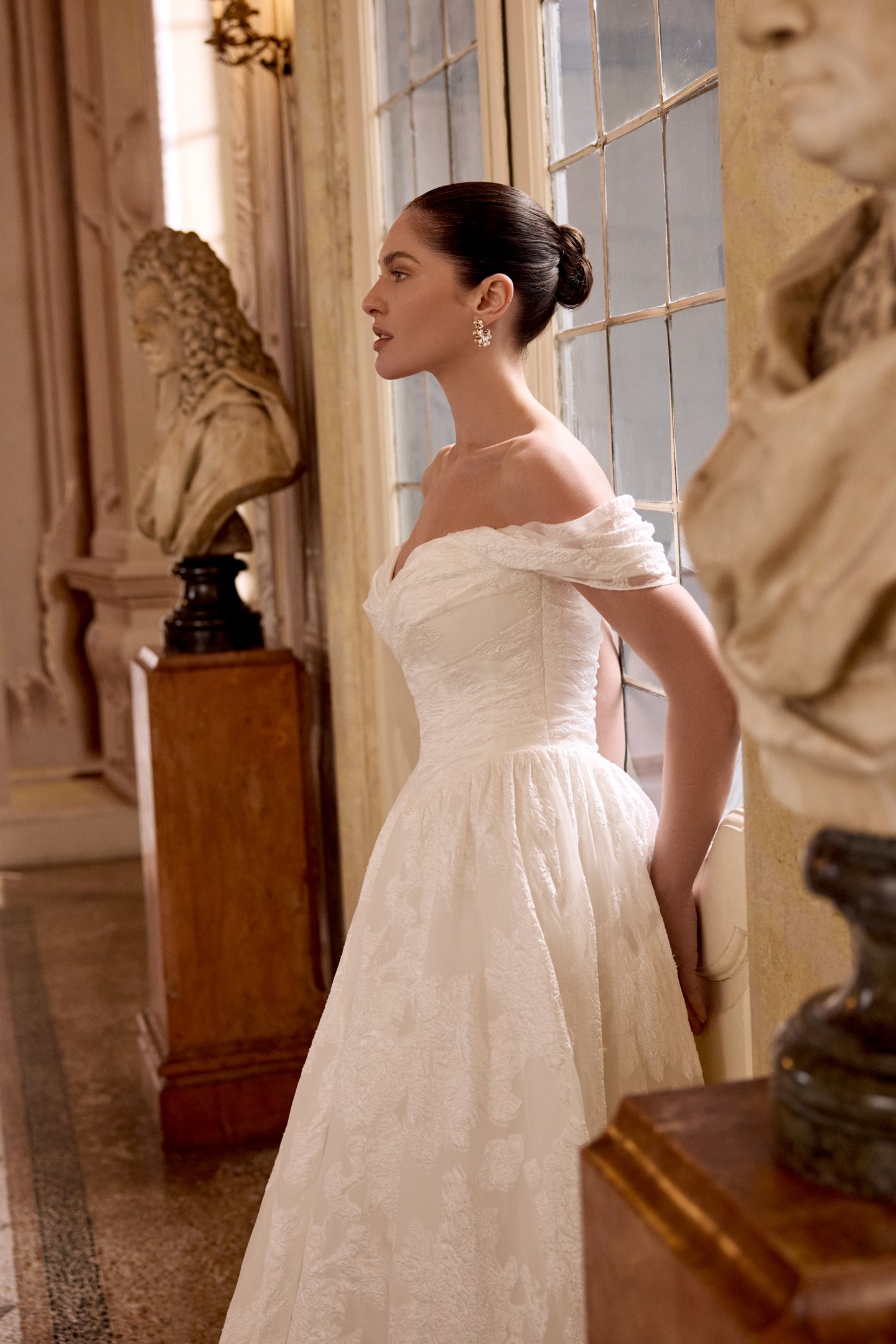 Justin Alexander Style 88495 LILY Organza Jacquard Ball Gown with Ruched Bodice and Basque Waist