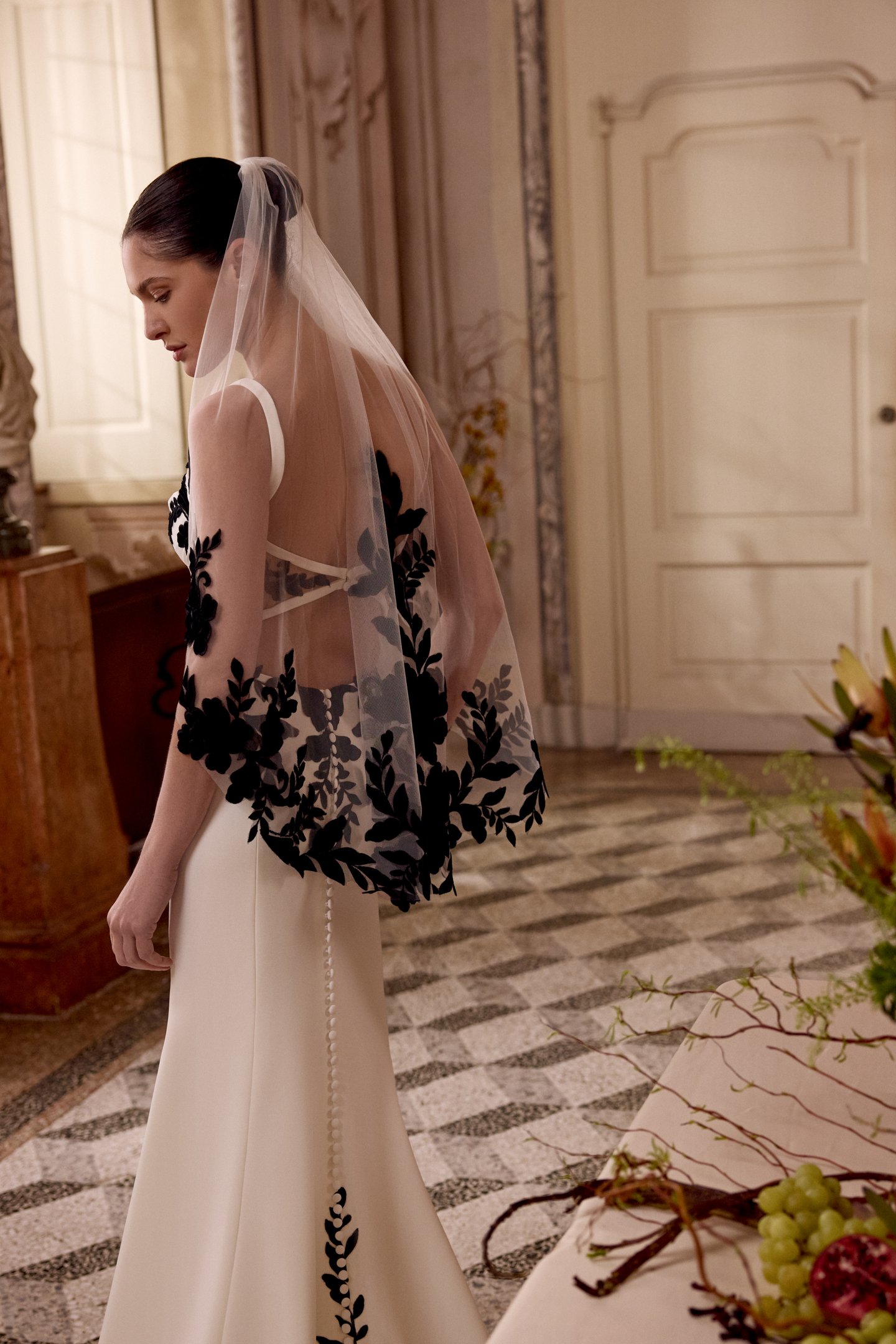 Justin Alexander Style 88496 LANDON Stretch Crepe Fit and Flare Gown with Black Velvet Details Throughout