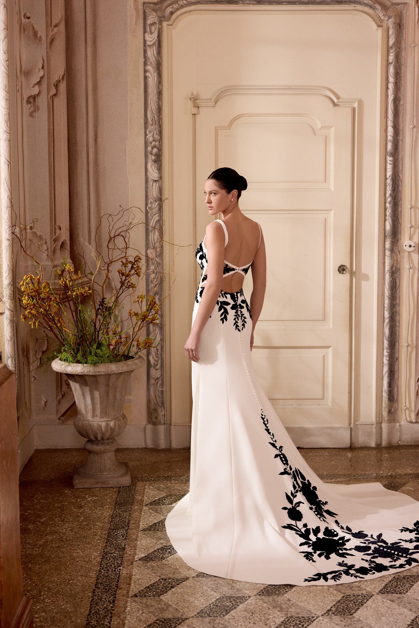 Justin Alexander Style 88496 LANDON Stretch Crepe Fit and Flare Gown with Black Velvet Details Throughout