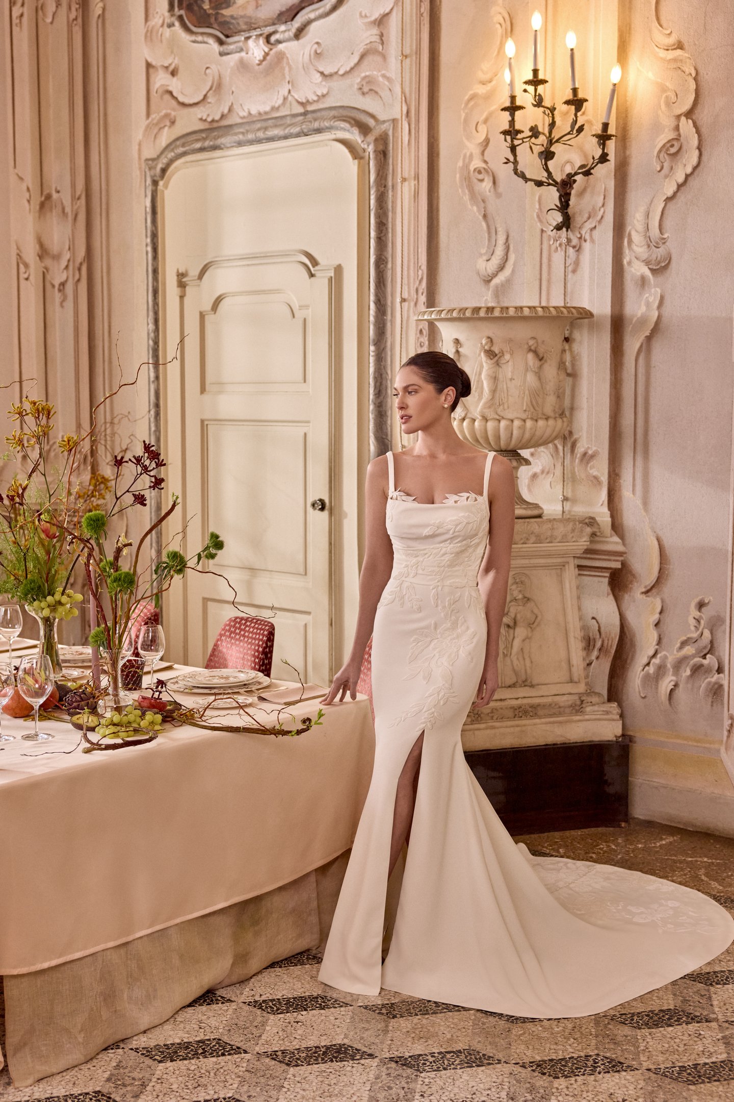 Justin Alexander Style 88496 LANDON Stretch Crepe Fit and Flare Gown with Black Velvet Details Throughout