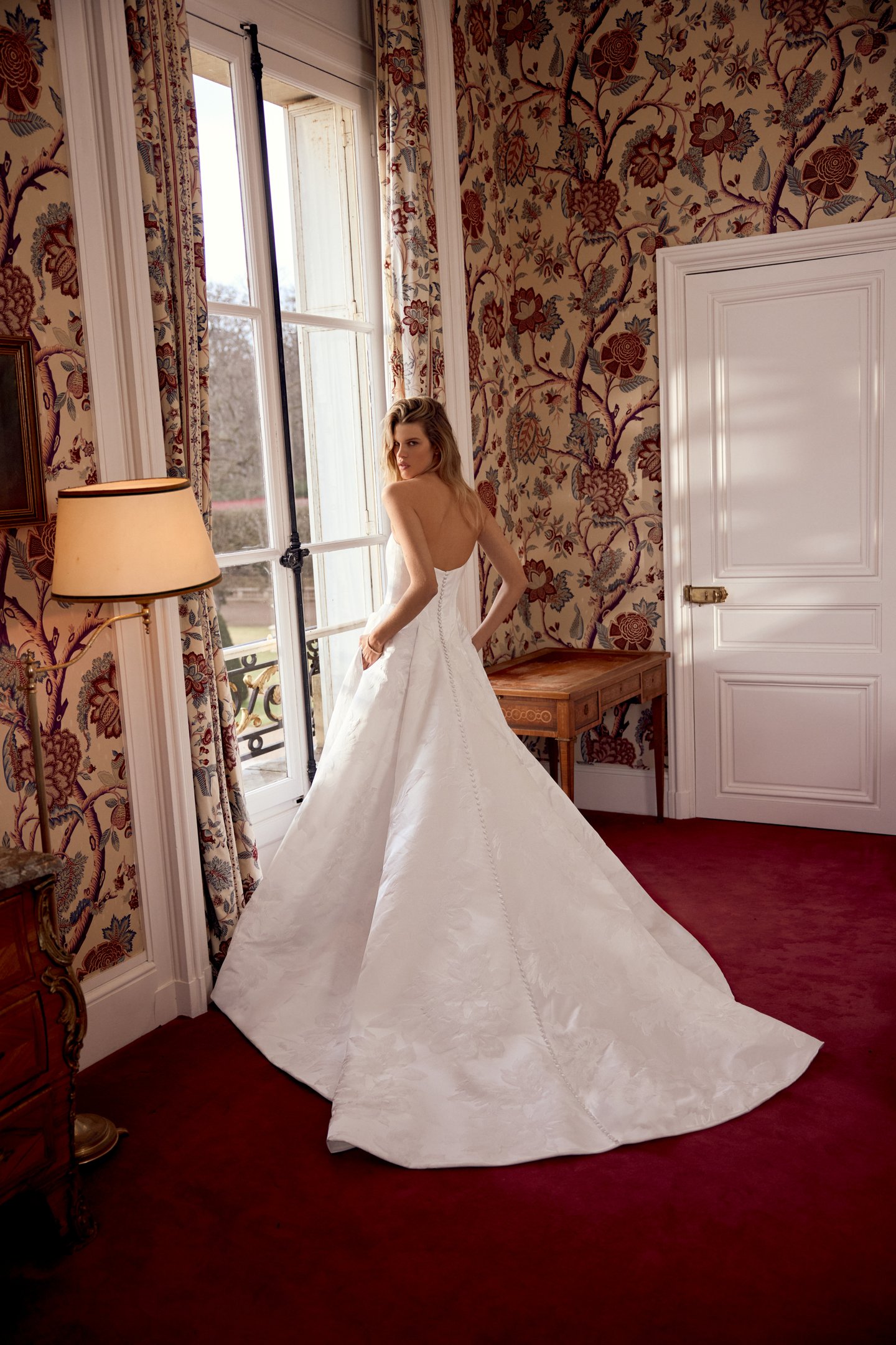 Justin Alexander Style 88535 Nova Brocade A-Line Gown with Cat Eye Neckline and Skirt Slit