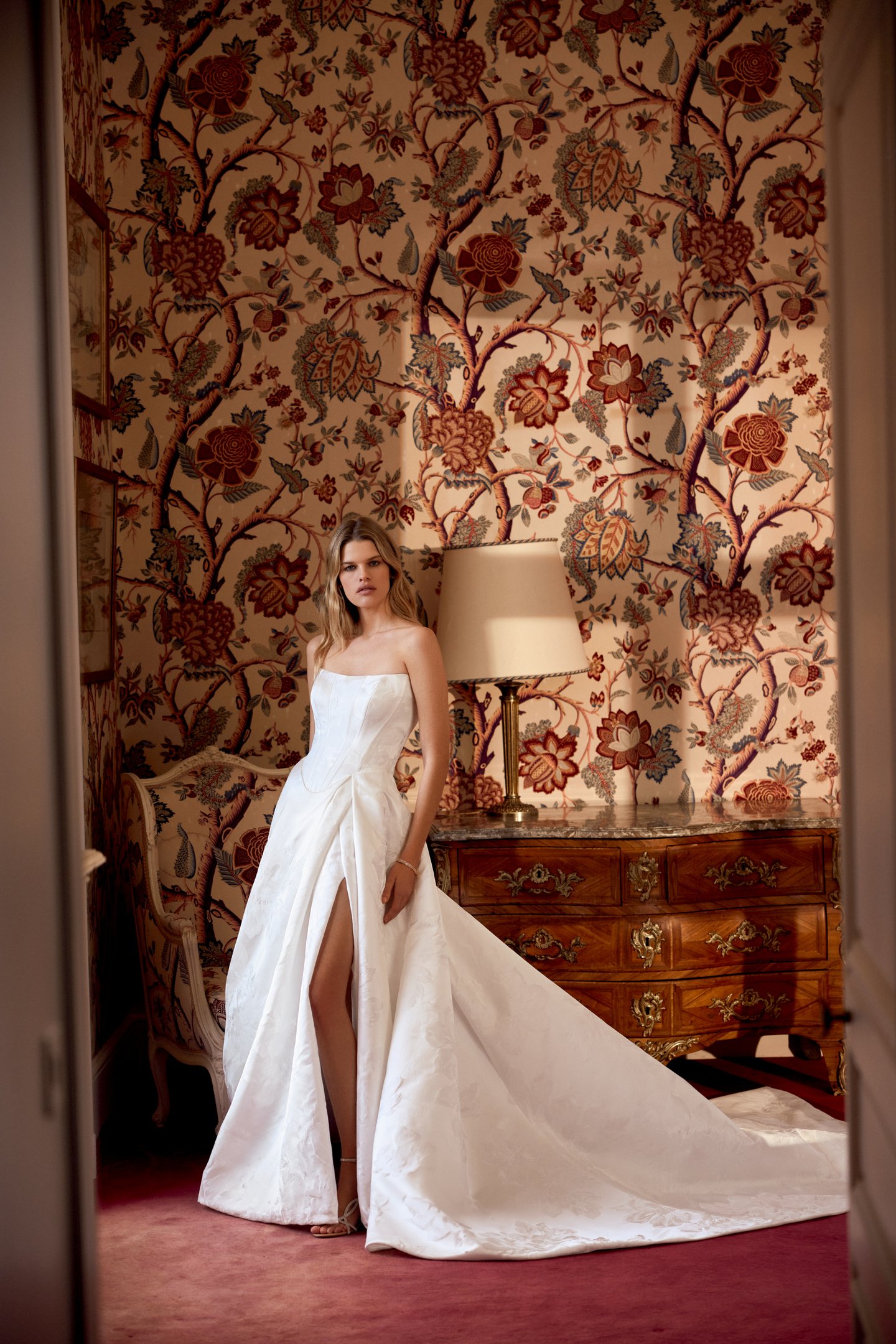 Justin Alexander Style 88535 Nova Brocade A-Line Gown with Cat Eye Neckline and Skirt Slit