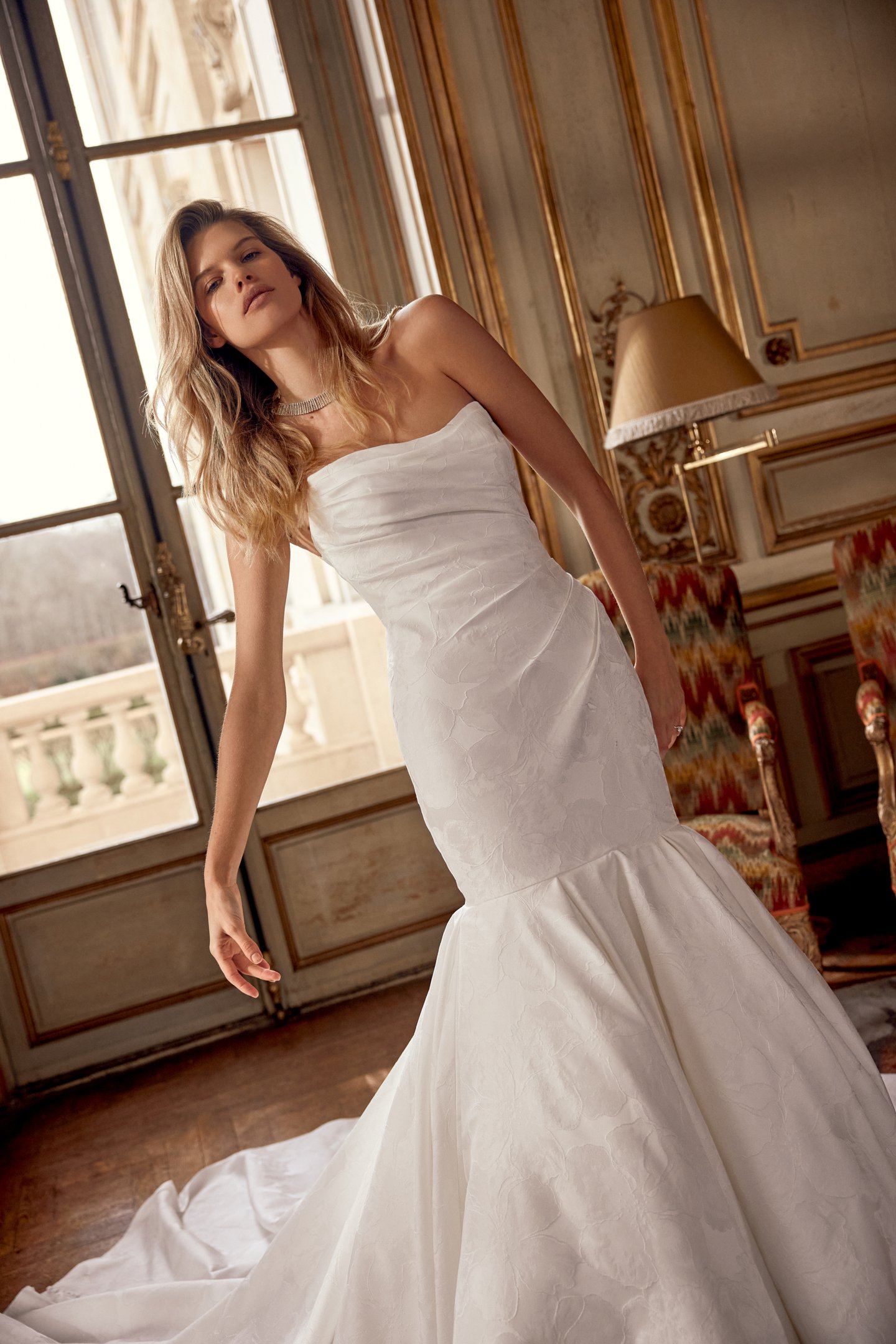 Justin Alexander Style 88536 Nori Brocade Trumpet Gown with Asymmetrical Ruching on Bodice and Dramatic Mermaid Skirt