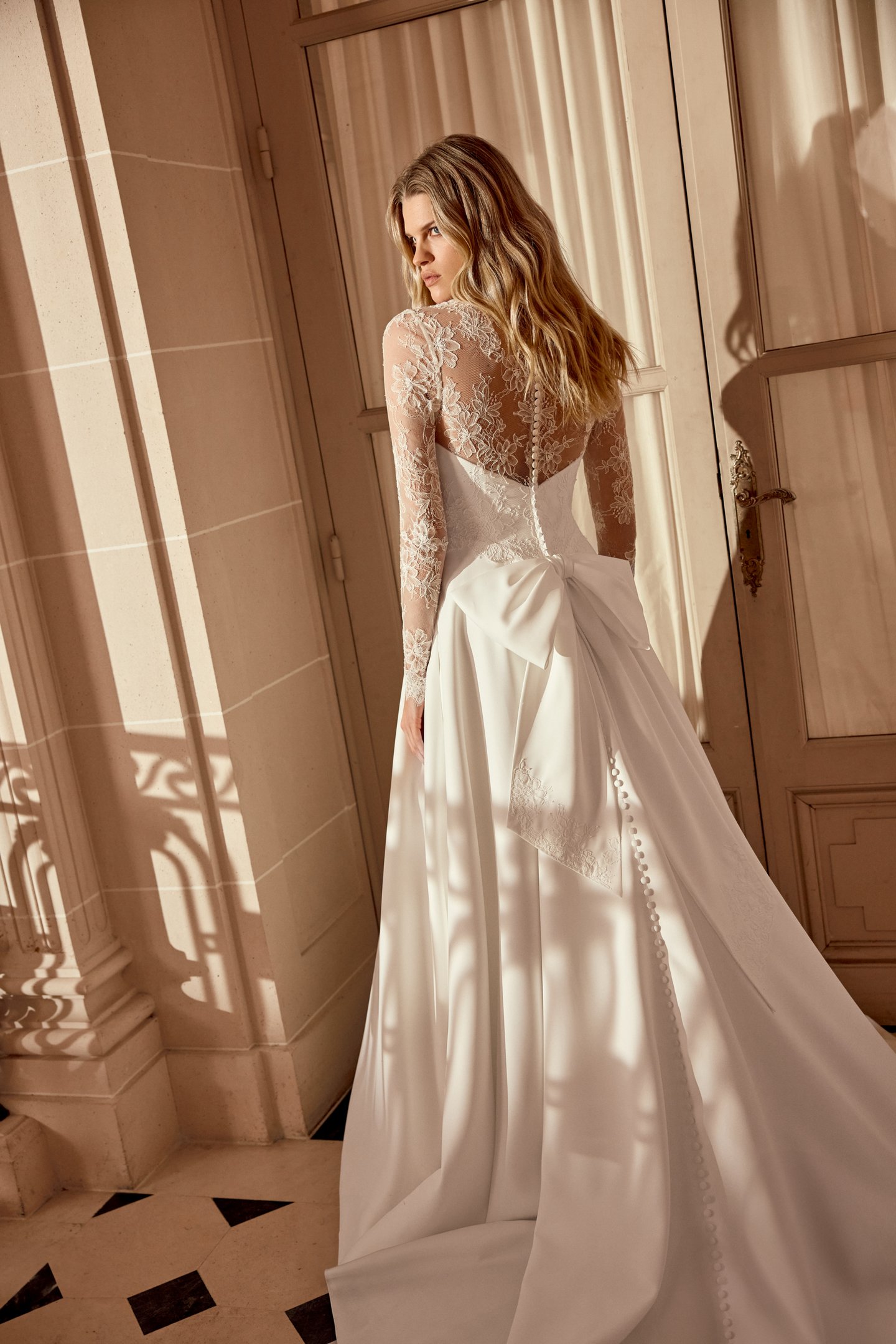 Justin Alexander Style 88537 Nadia Satin A-Line Gown with Corded Alençon Lace Bodice with V-Neckline and Long Sleeves
