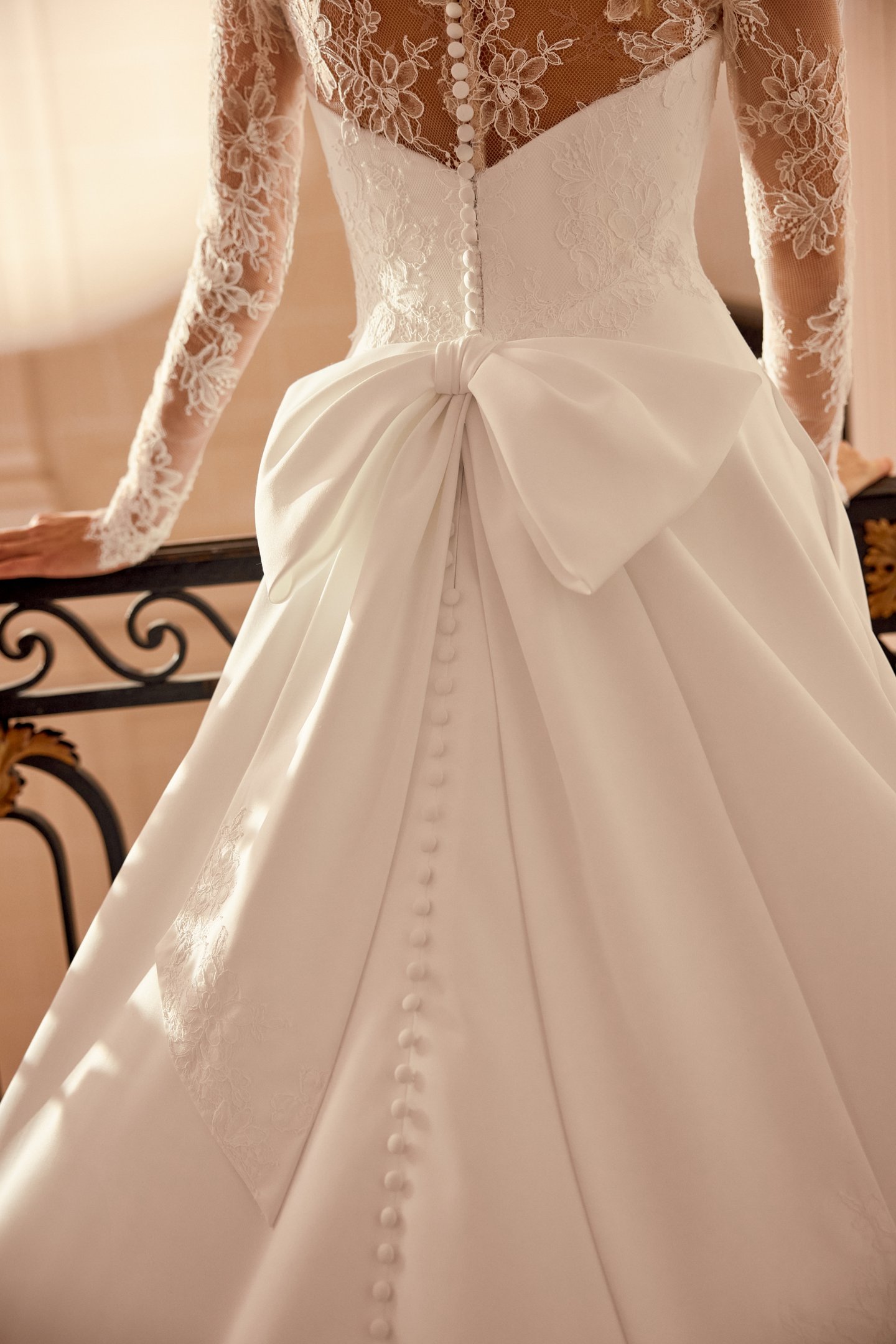 Justin Alexander Style 88537 Nadia Satin A-Line Gown with Corded Alençon Lace Bodice with V-Neckline and Long Sleeves