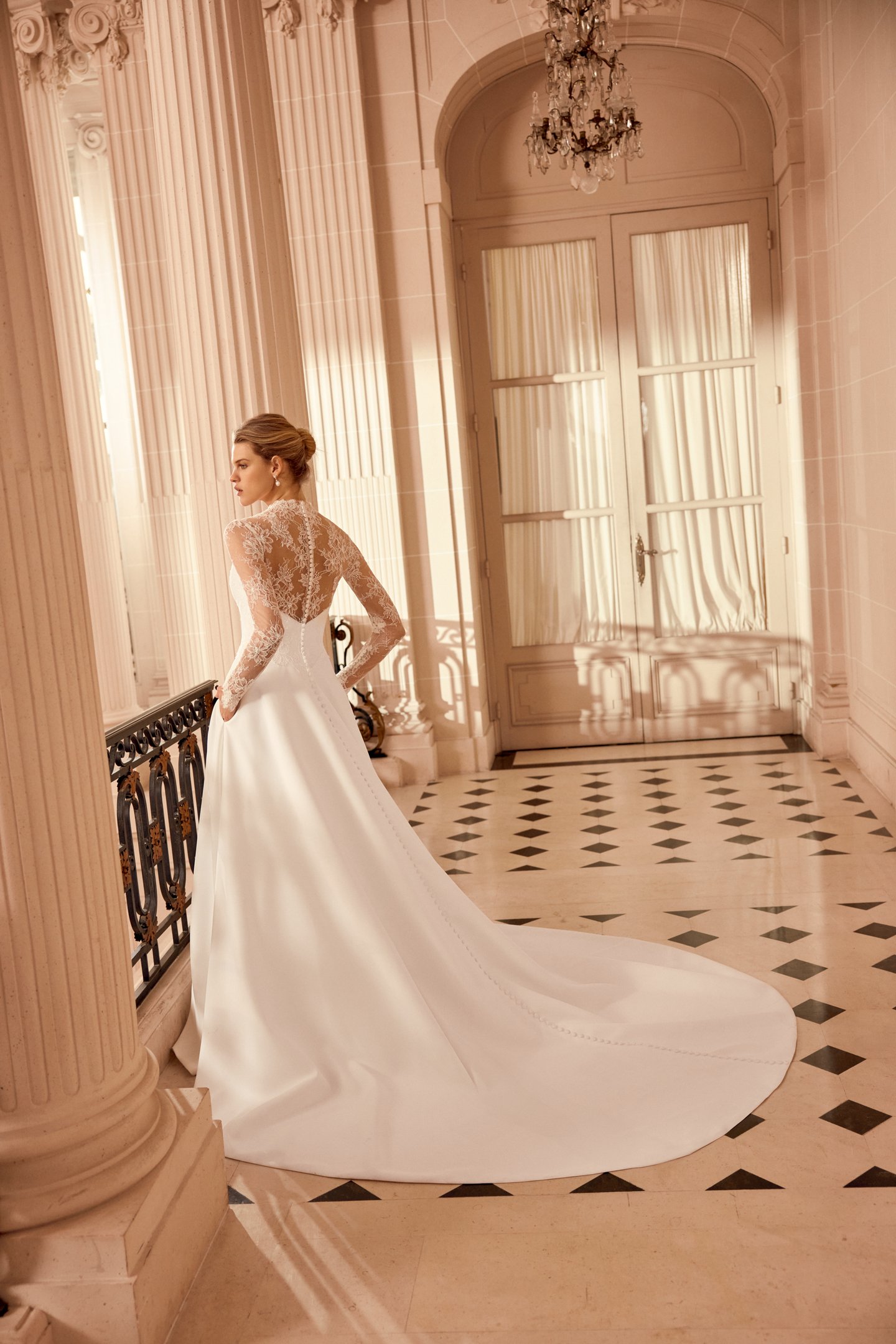 Justin Alexander Style 88537 Nadia Satin A-Line Gown with Corded Alençon Lace Bodice with V-Neckline and Long Sleeves