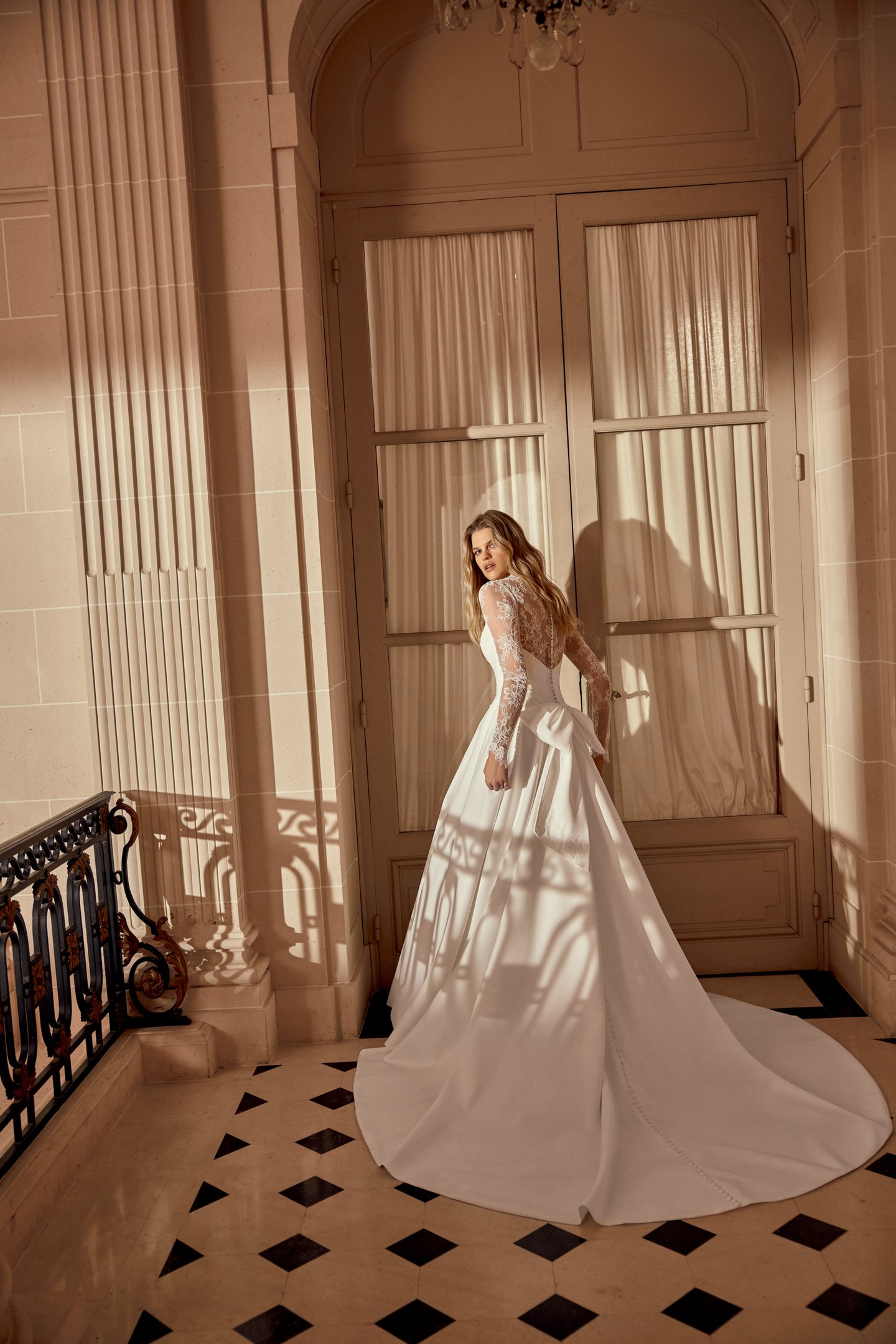 Justin Alexander Style 88537 Nadia Satin A-Line Gown with Corded Alençon Lace Bodice with V-Neckline and Long Sleeves