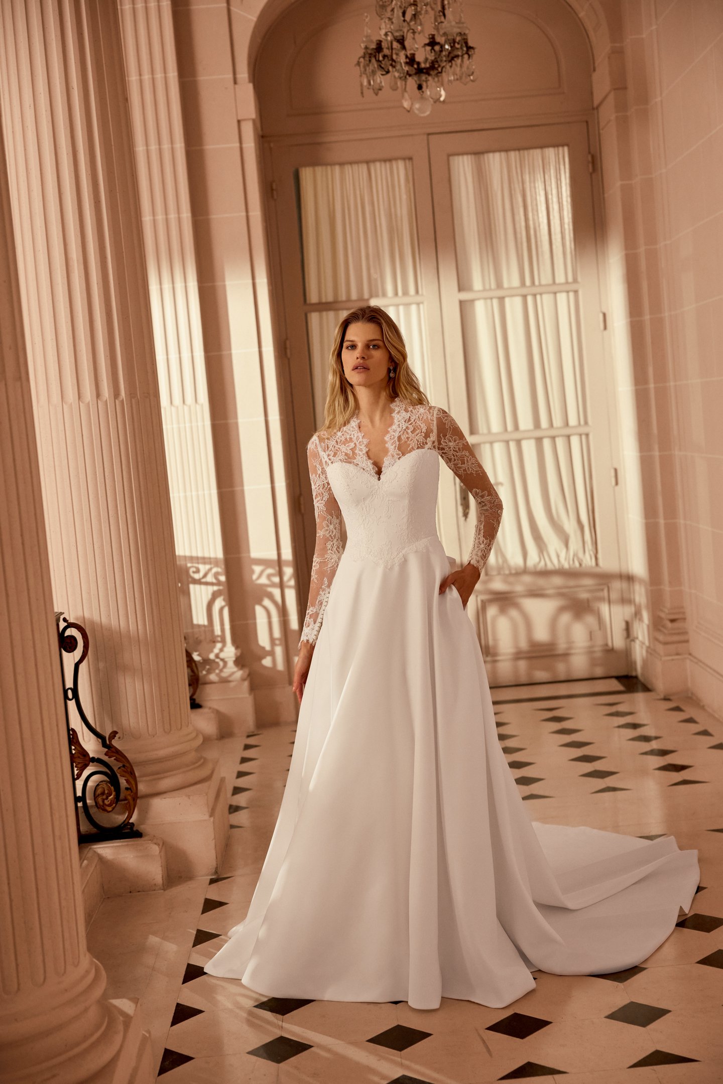 Justin Alexander Style 88537 Nadia Satin A-Line Gown with Corded Alençon Lace Bodice with V-Neckline and Long Sleeves