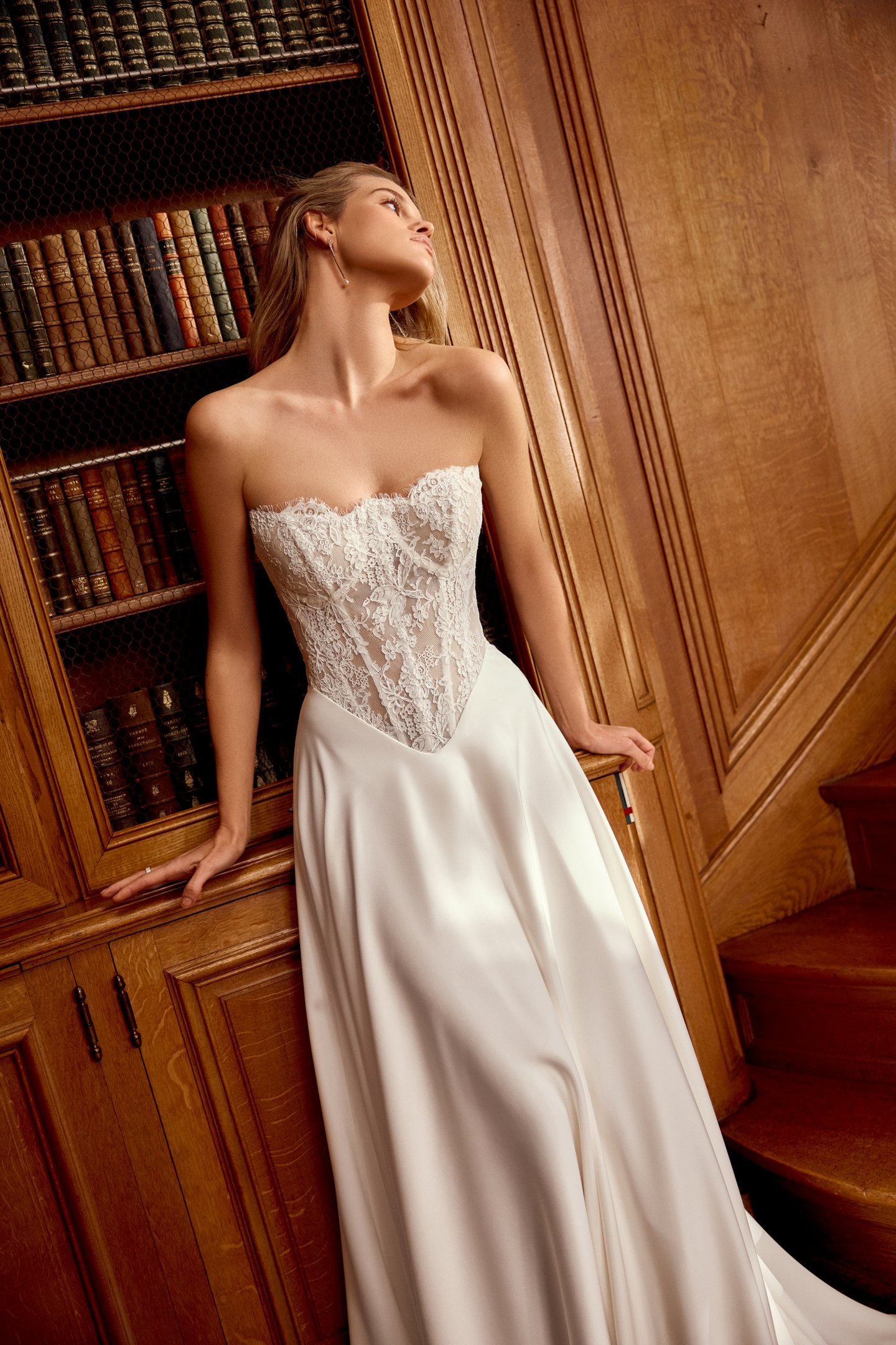 Justin Alexander Style 88540 Noa Charmeuse A-Line Dress with Corded Alençon Lace Sheer Bodice and Basque Waistline