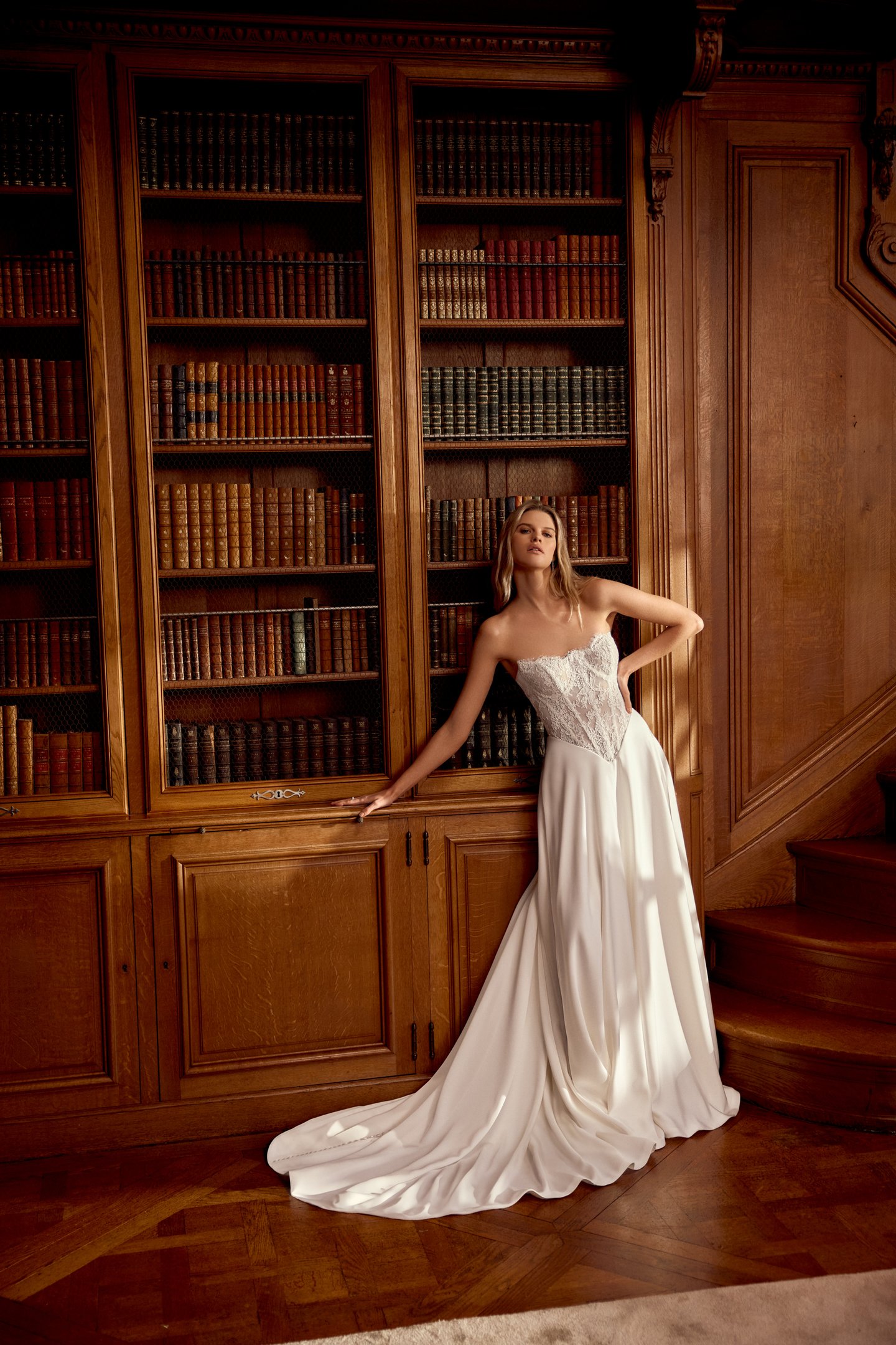 Justin Alexander Style 88540 Noa Charmeuse A-Line Dress with Corded Alençon Lace Sheer Bodice and Basque Waistline