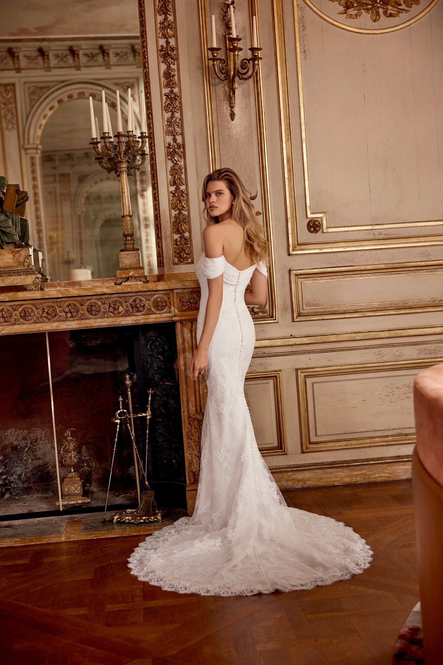 Justin Alexander Style 88542 Ninette Corded Alençon Lace Fit and Flare Gown with Draped Chiffon Off-the-Shoulder Neckline