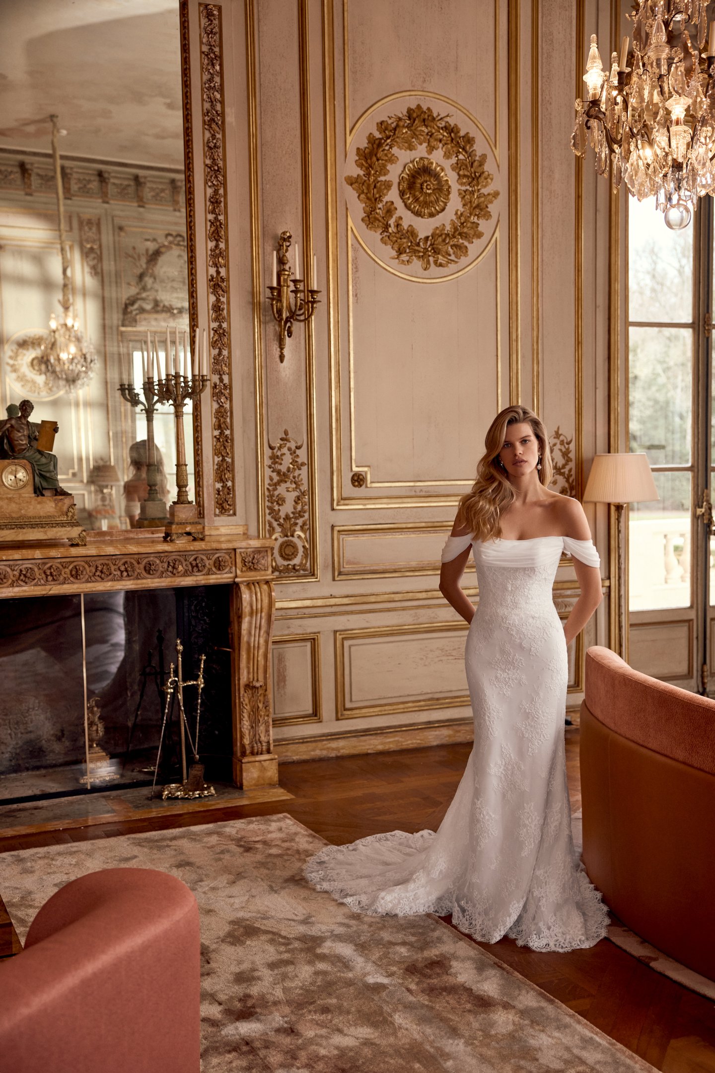 Justin Alexander Style 88542 Ninette Corded Alençon Lace Fit and Flare Gown with Draped Chiffon Off-the-Shoulder Neckline