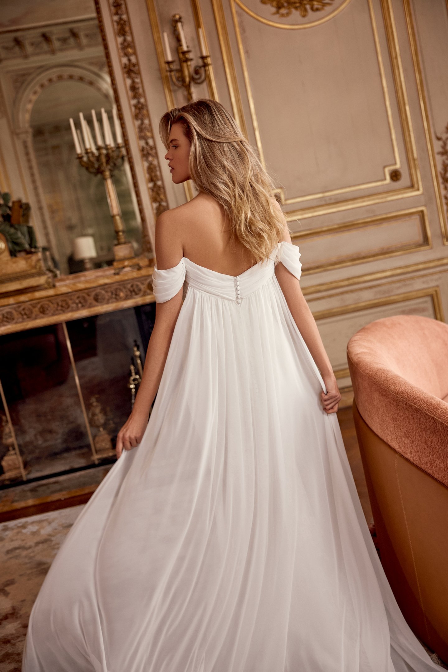 Justin Alexander Style 88542WT Ninette Watteau Detachable Chiffon Watteau Chapel Length Train with Gathering at the Top