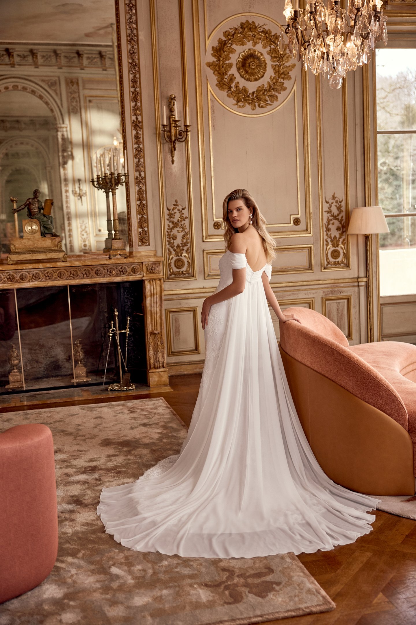 Justin Alexander Style 88542WT Ninette Watteau Detachable Chiffon Watteau Chapel Length Train with Gathering at the Top