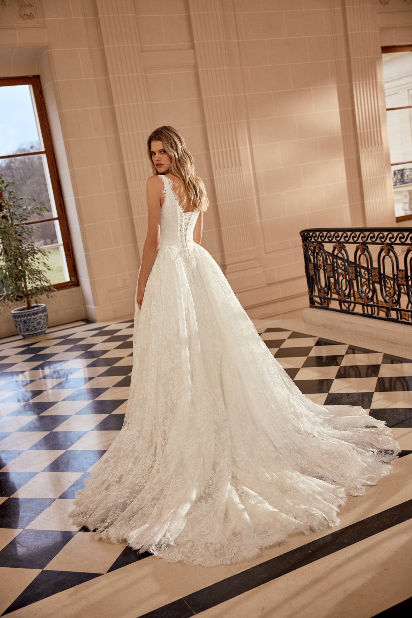 Justin Alexander Style 88543 Natalina Matte Allover Lace Ball Gown with V-Neckline and Dramatic Waterfall Waistline with Detachable Hip Puffs