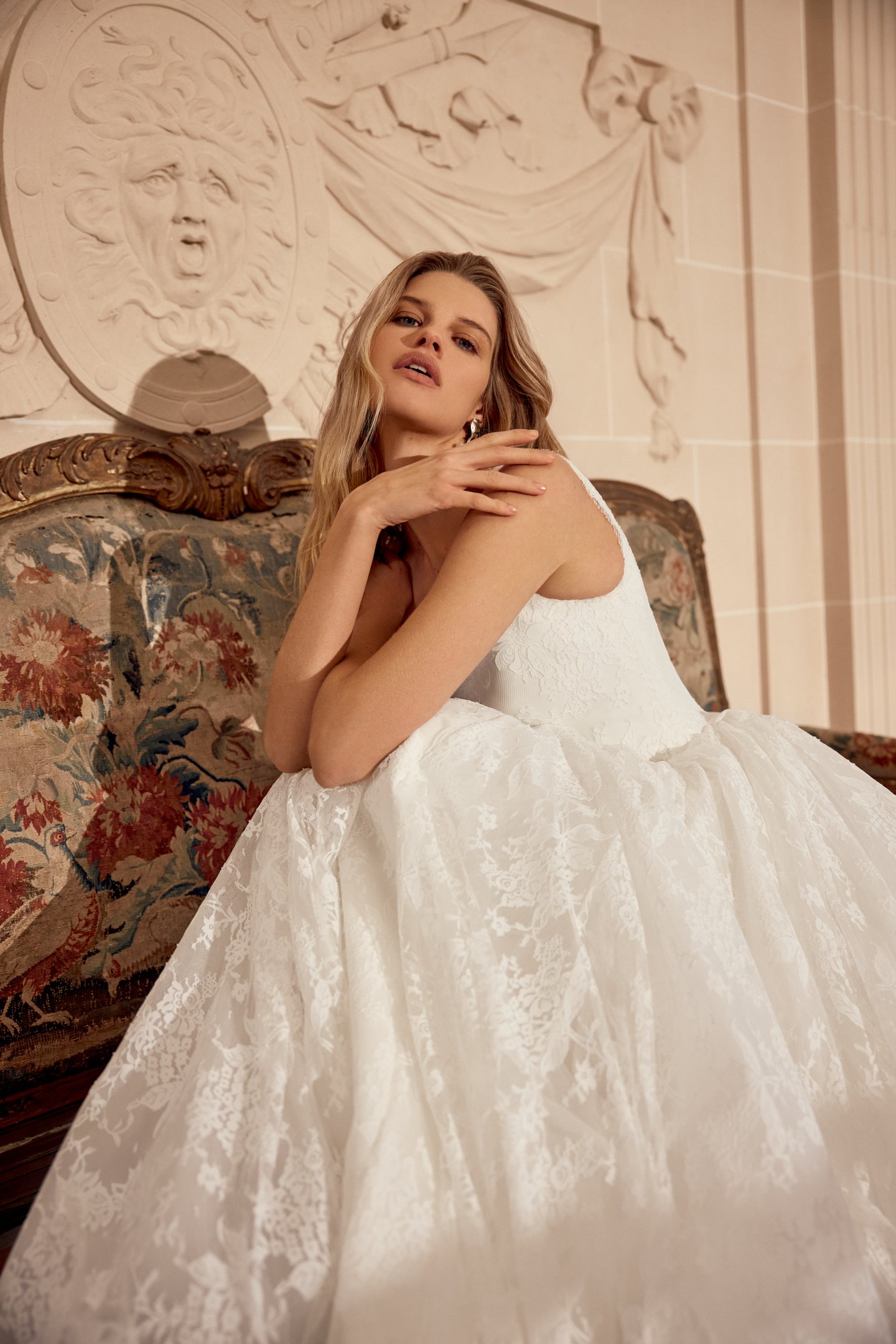 Justin Alexander Style 88543 Natalina Matte Allover Lace Ball Gown with V-Neckline and Dramatic Waterfall Waistline with Detachable Hip Puffs