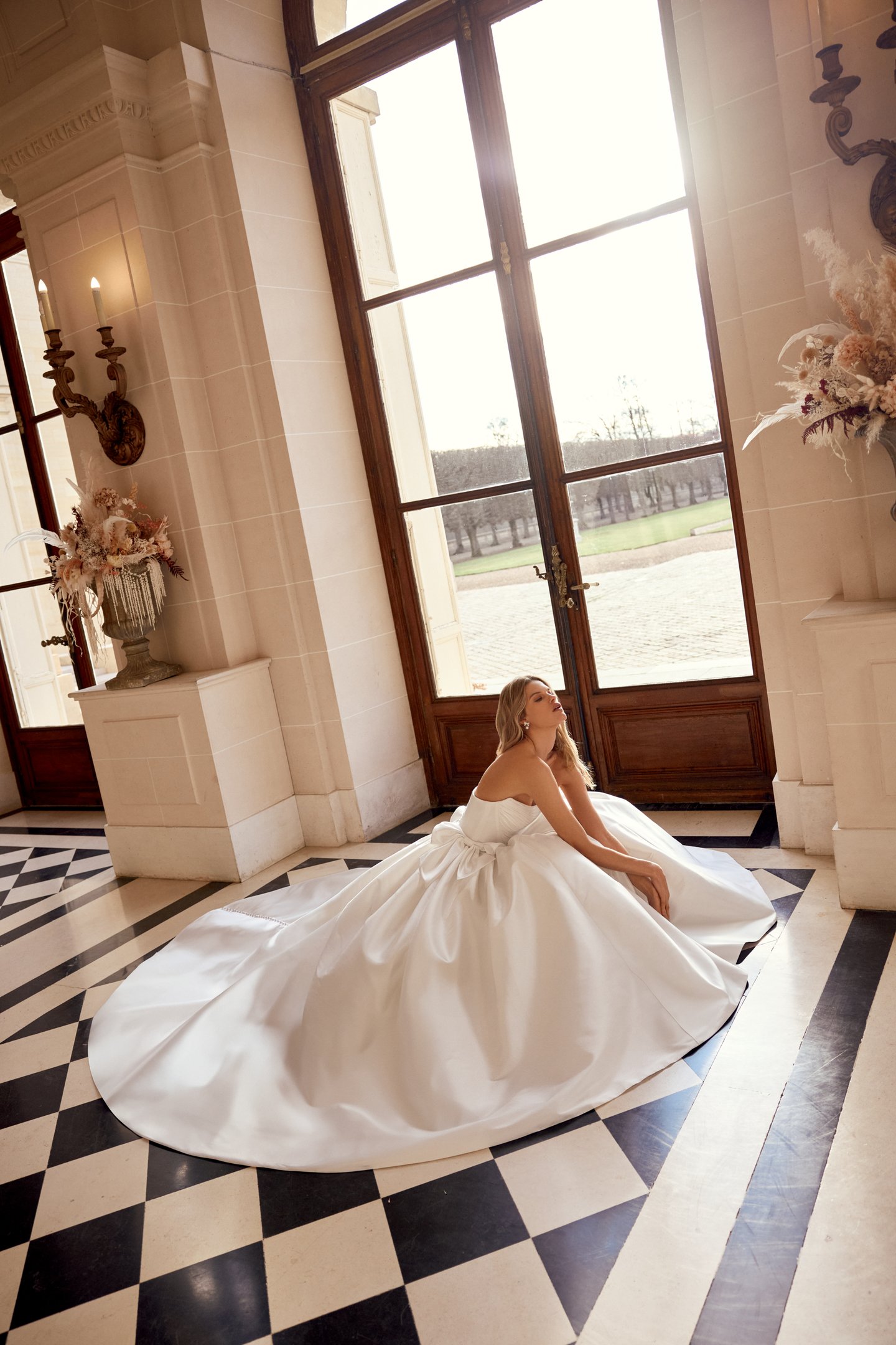 Justin Alexander Style 88545 Naomi Taffeta Ball Gown with Tightly Pleated Bodice and Gathered Skirt with Bow Accents