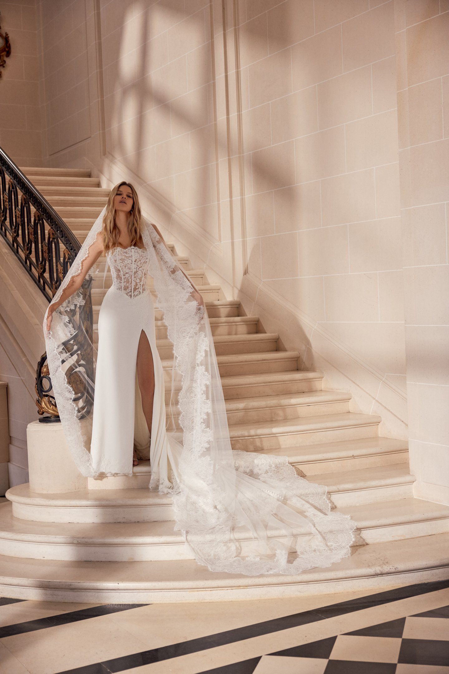 Justin Alexander Style 88547 Nina Crepe Fit and Flare Gown with Sheer Bodice and Exposed Boning with Basque Waistline