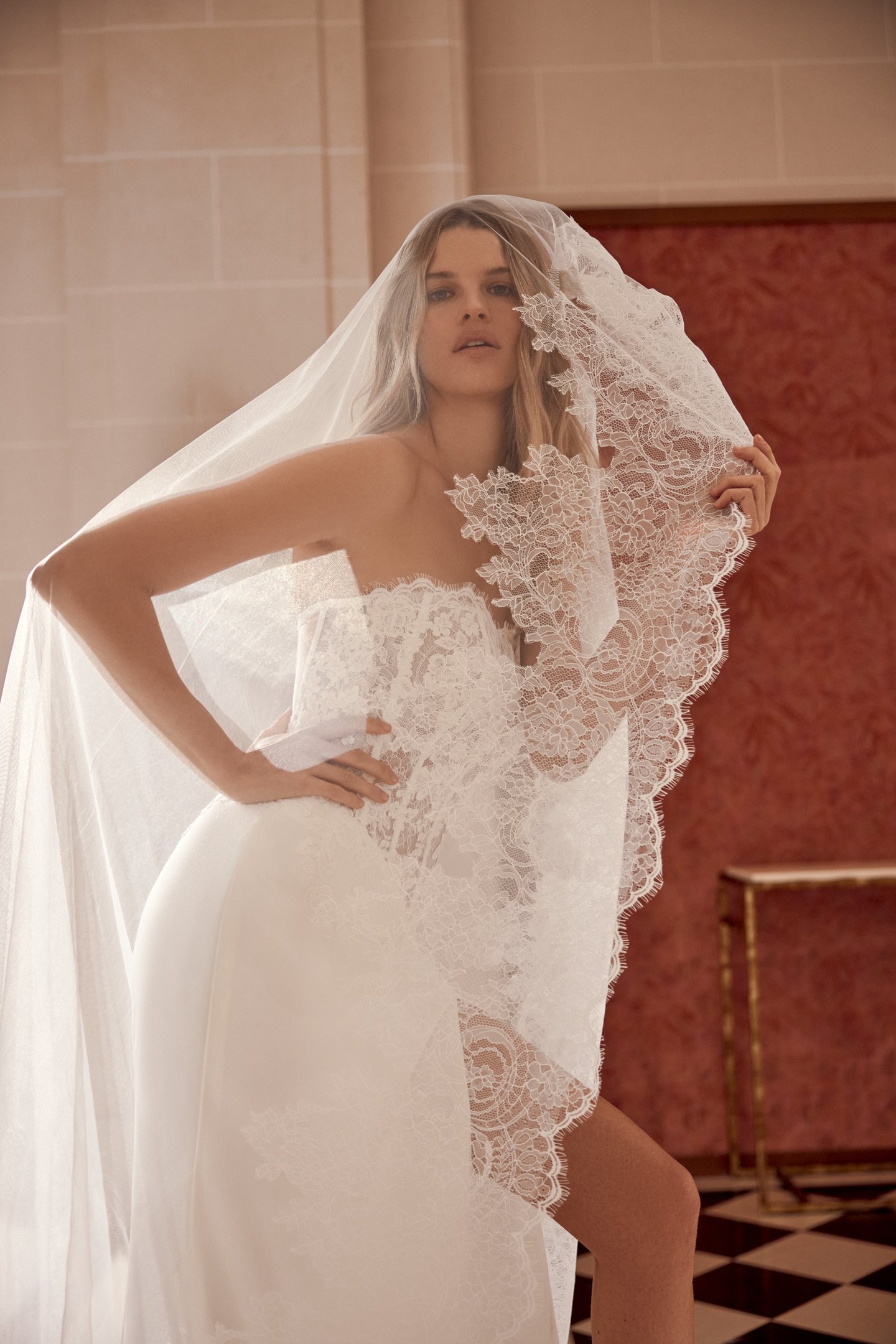 Justin Alexander Style 88547 Nina Crepe Fit and Flare Gown with Sheer Bodice and Exposed Boning with Basque Waistline
