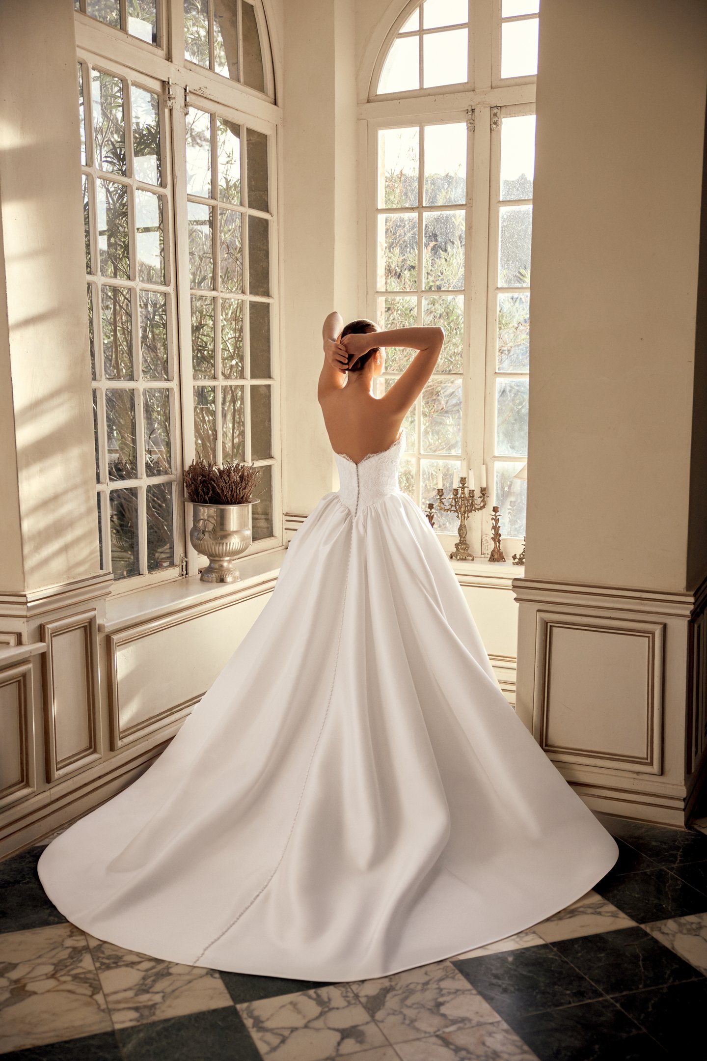 Justin Alexander Style 88548 Narcissa Stretch Mikado Ball Gown with Corded Alençon Lace Bodice and Basque Waistline
