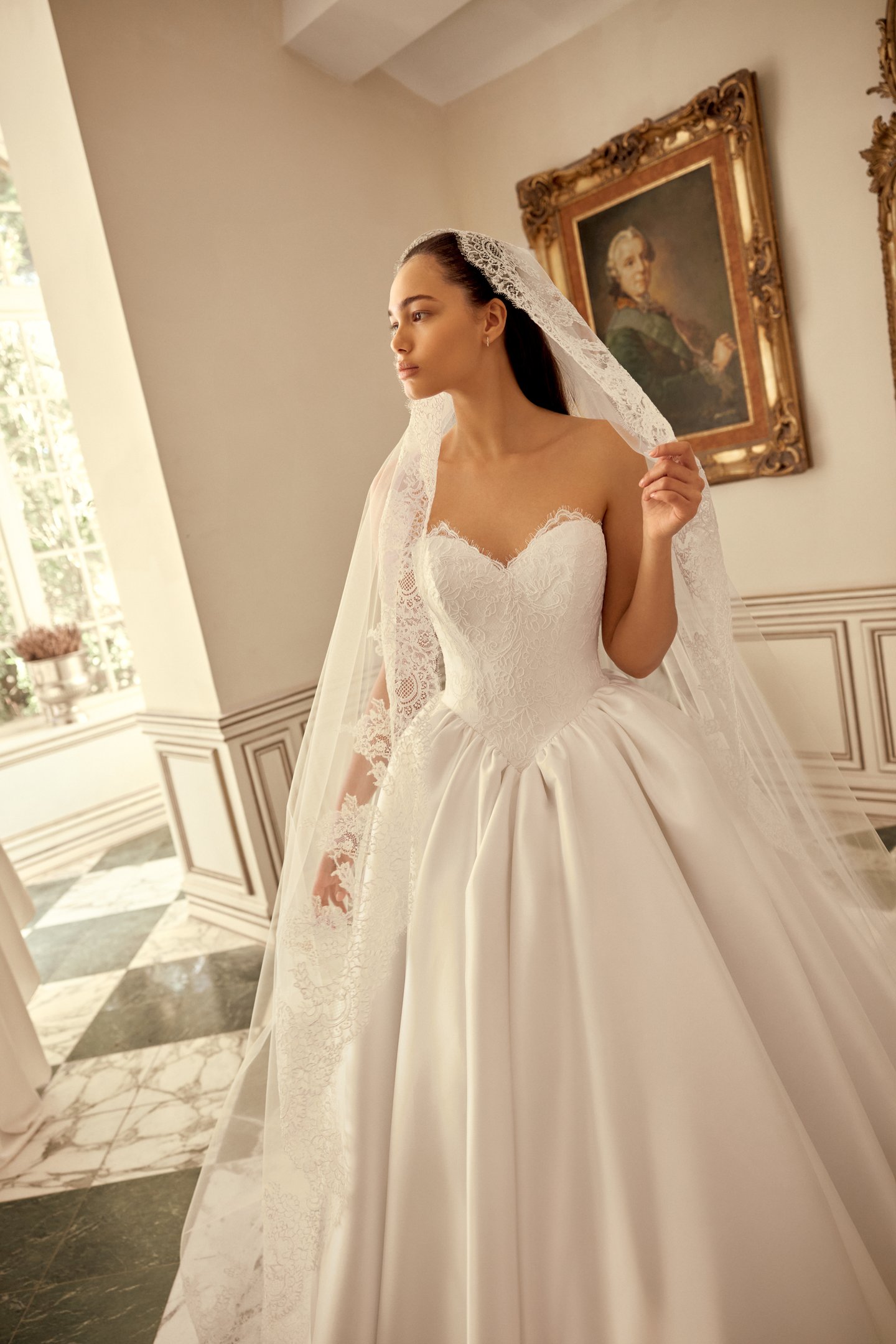 Justin Alexander Style 88548 Narcissa Stretch Mikado Ball Gown with Corded Alençon Lace Bodice and Basque Waistline