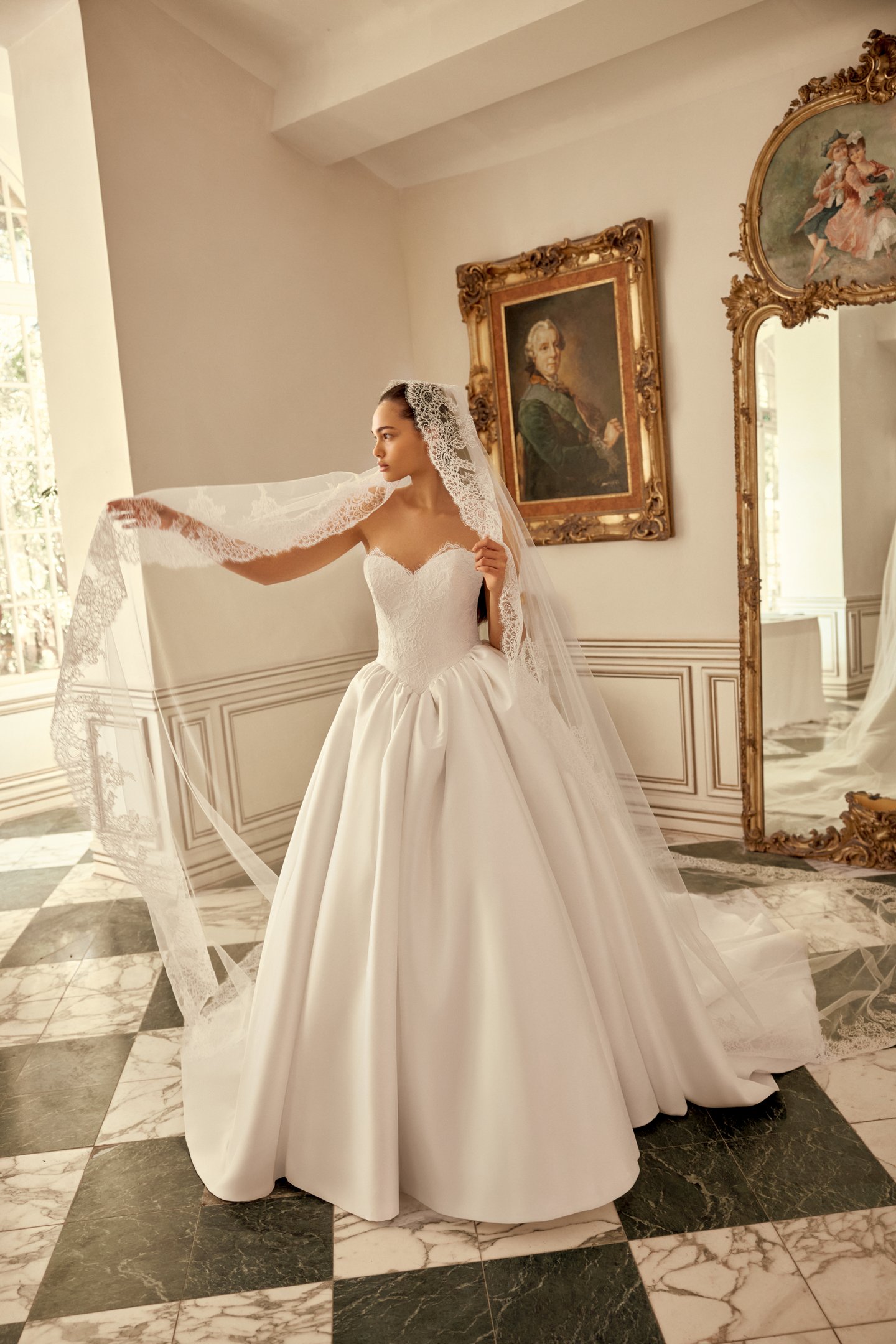 Justin Alexander Style 88548 Narcissa Stretch Mikado Ball Gown with Corded Alençon Lace Bodice and Basque Waistline