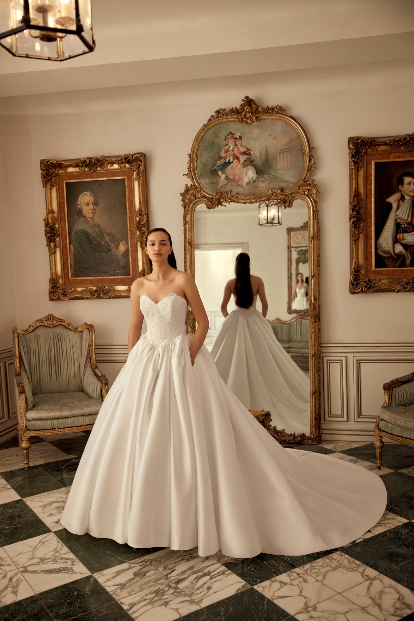 Justin Alexander Style 88548 Narcissa Stretch Mikado Ball Gown with Corded Alençon Lace Bodice and Basque Waistline