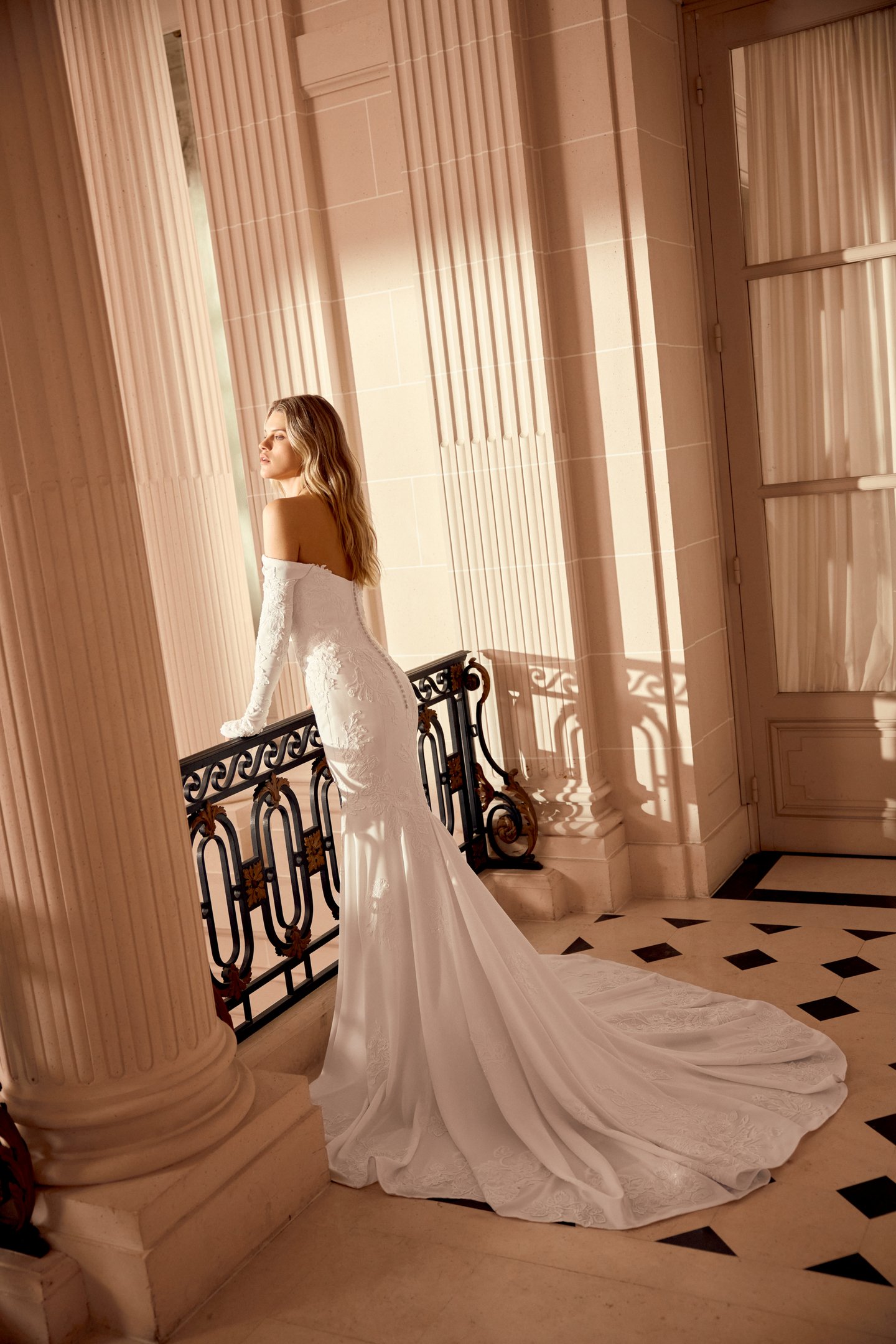 Justin Alexander Style 88550 Nico Crepe Fit and Flare Gown with Floral Sequined Lace Appliqués and Chapel Length Train