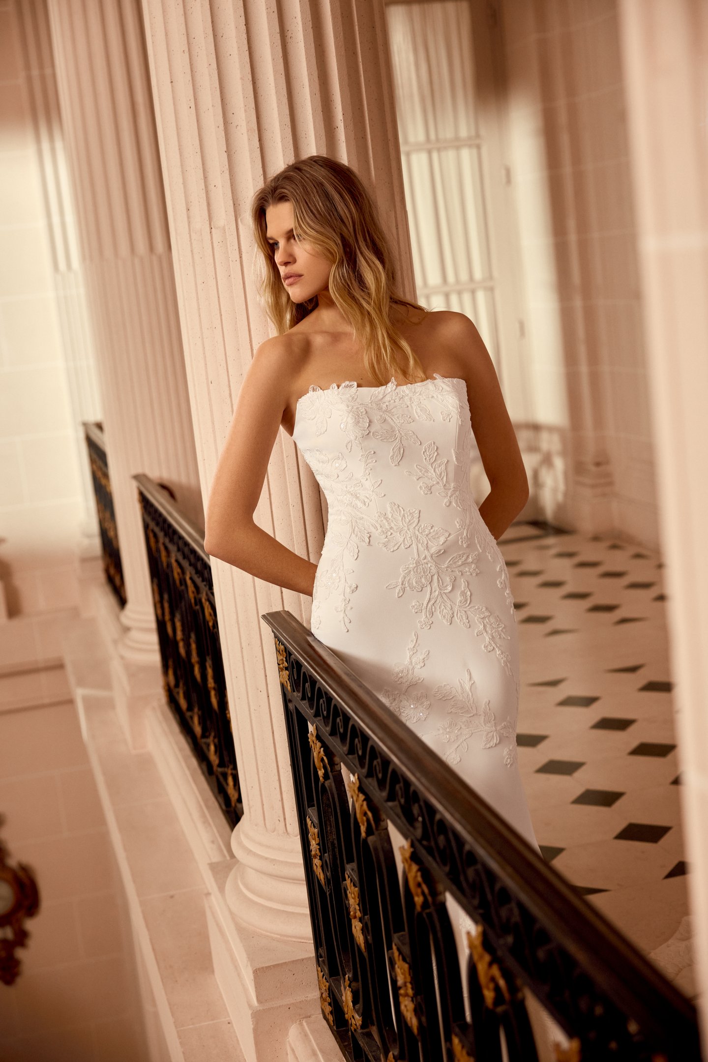 Justin Alexander Style 88550 Nico Crepe Fit and Flare Gown with Floral Sequined Lace Appliqués and Chapel Length Train