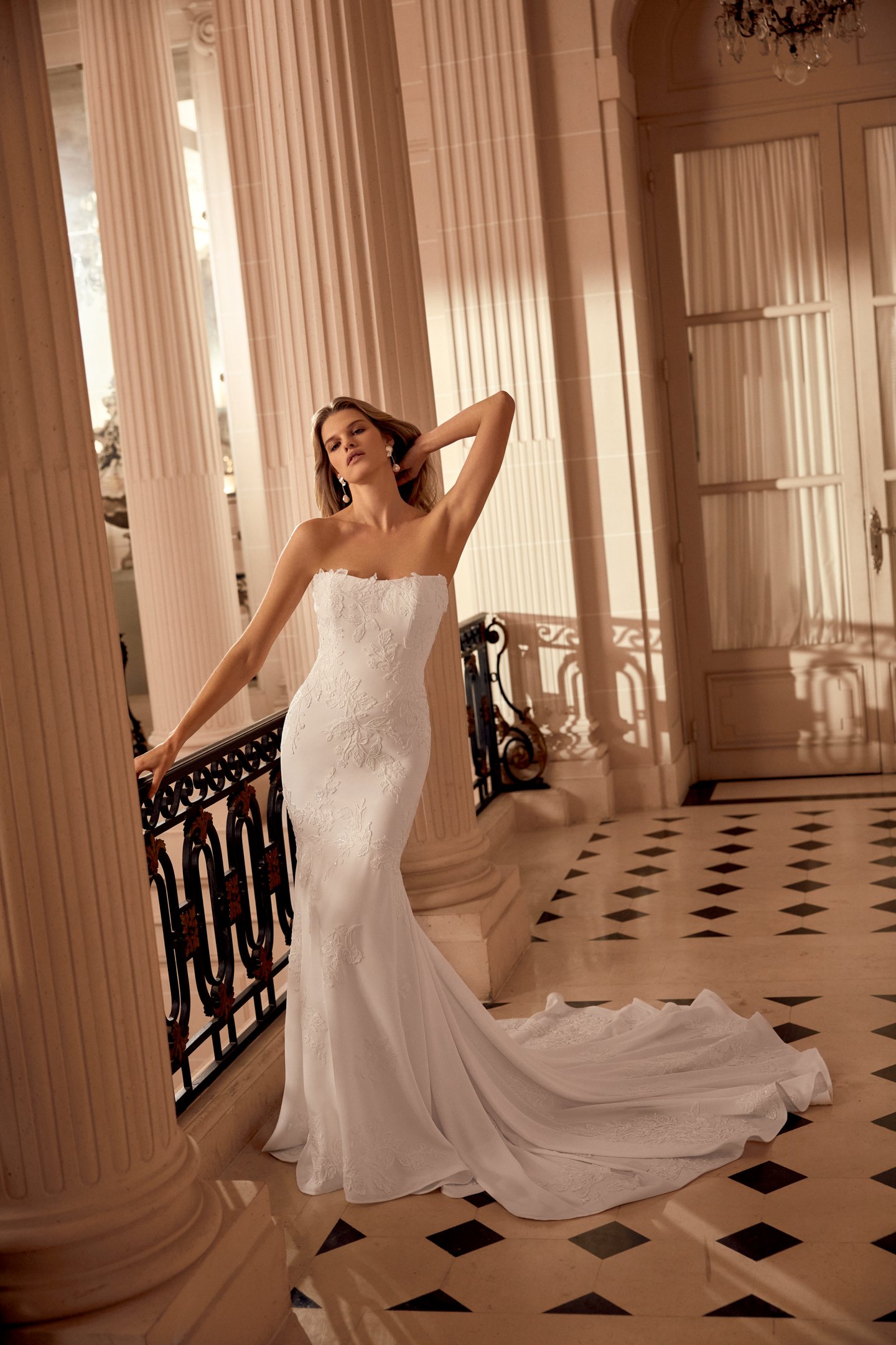 Justin Alexander Style 88550 Nico Crepe Fit and Flare Gown with Floral Sequined Lace Appliqués and Chapel Length Train