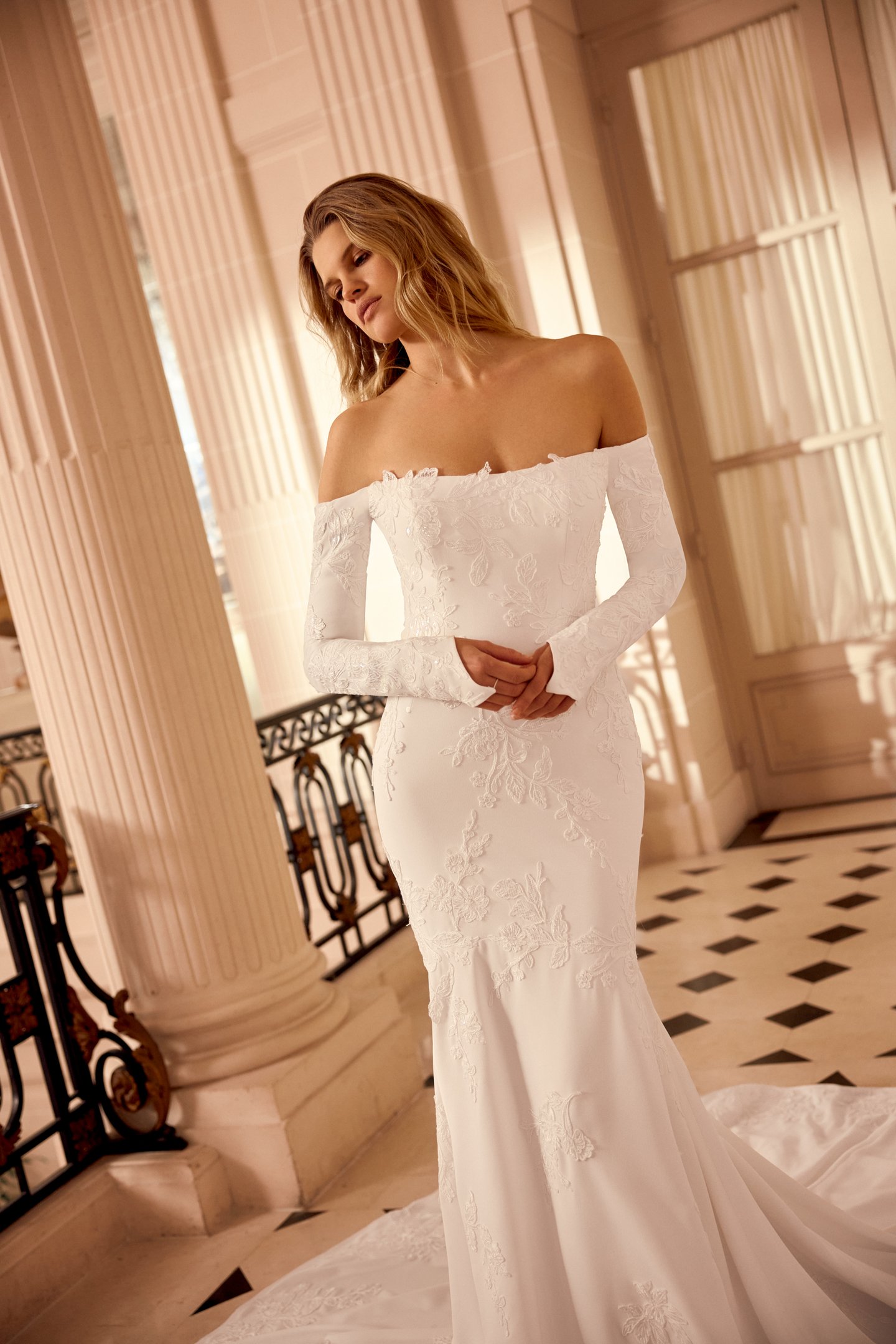 Justin Alexander Style 88550SL Nico Sleeves Detachable Crepe Long Sleeves with Gauntlet Detail and Floral Sequined Lace Appliqués