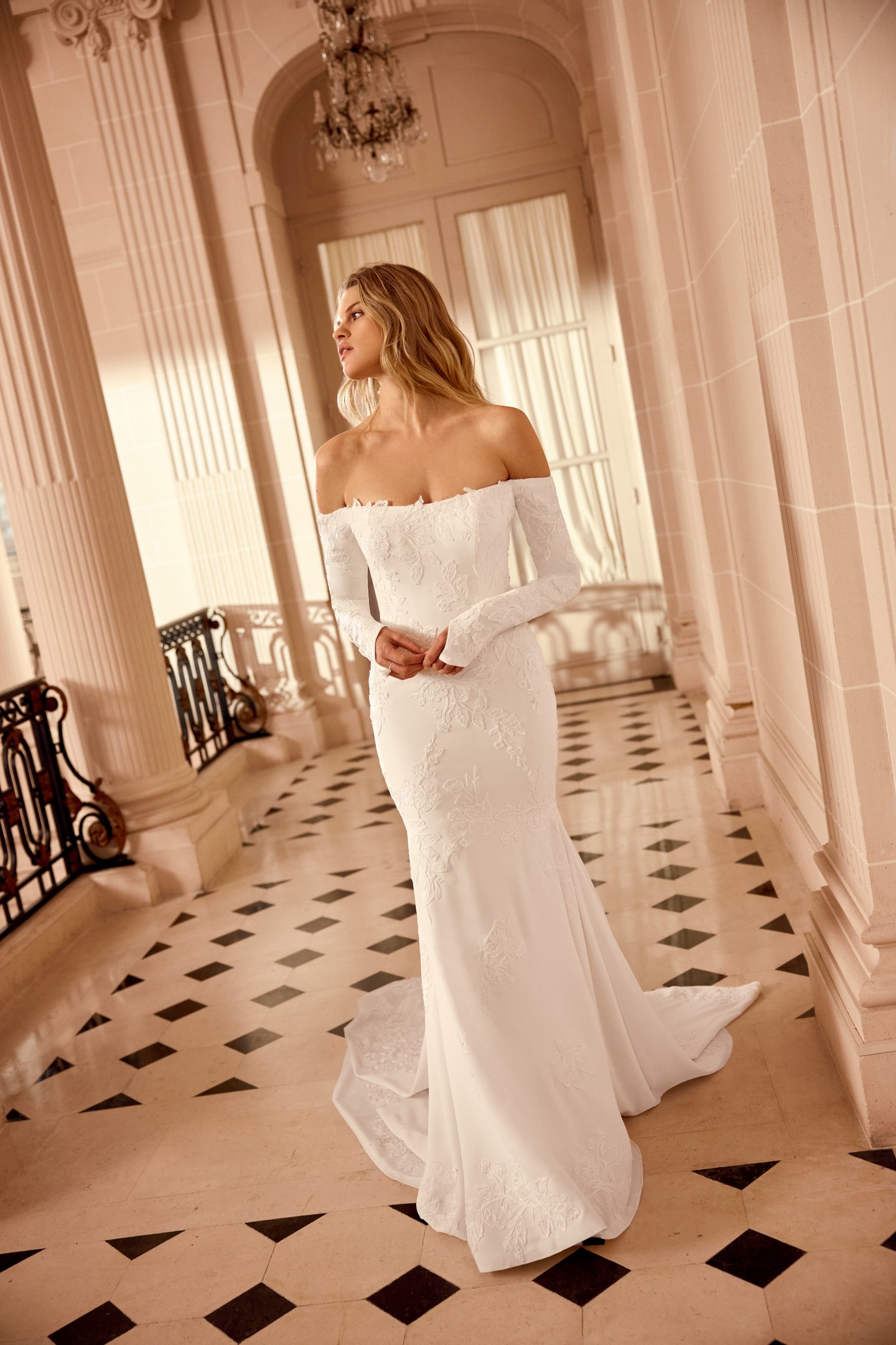 Justin Alexander Style 88550SL Nico Sleeves Detachable Crepe Long Sleeves with Gauntlet Detail and Floral Sequined Lace Appliqués