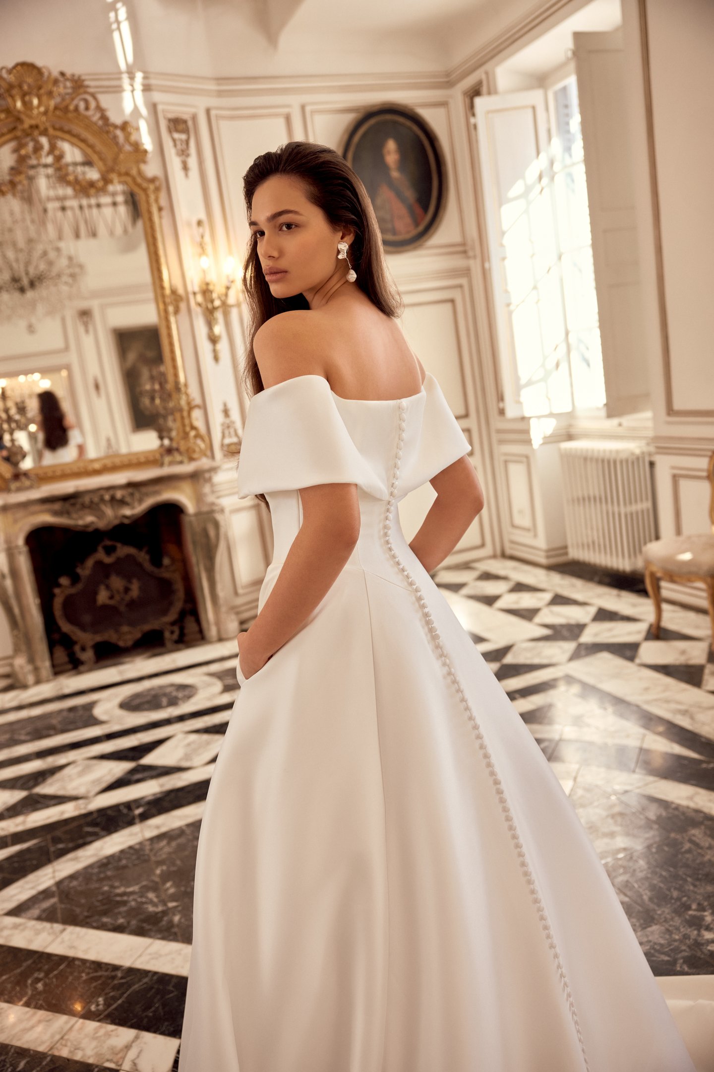Justin Alexander Style 88552 Naima Mikado A-Line Gown with Off-the-Shoulder Portrait Neckline and Basque Waist